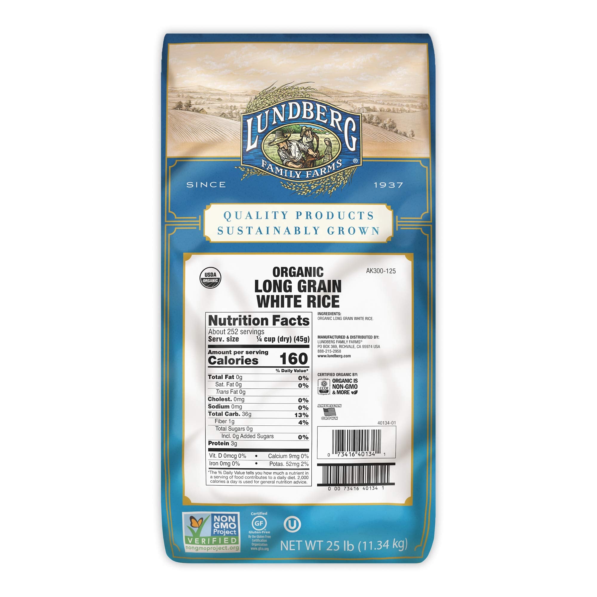 Lundberg Family Farms - Organic White Long Grain Rice, Subtle Flavor, Remains Separate When Cooked, Pantry Staple, Bulk Rice, Gluten-Free, Non-GMO, USDA Certified Organic, Vegan, Kosher