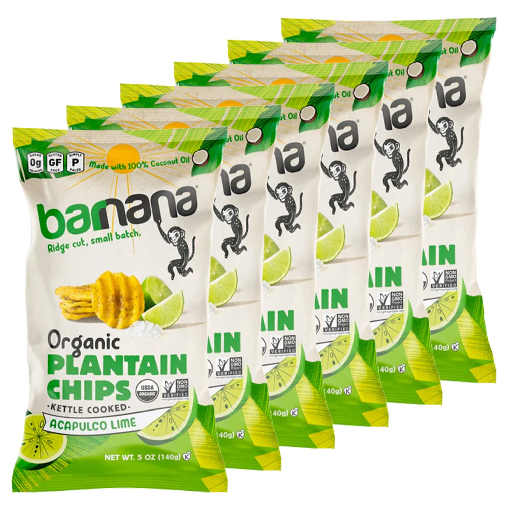 Barnana Organic Plantain Chips, Acapulco Lime, Healthy Snack Made With 100% Coconut Oil, Non-GMO, Potato Chip Alternative, Zero Sugar, Paleo, Grain-Free Chips, Vegan, USDA Organic 6-Pack)