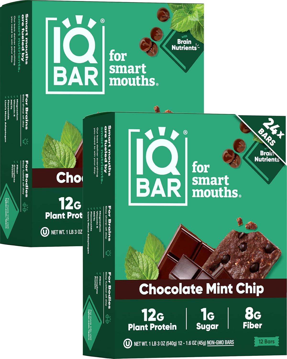 IQ BAR (Pack of 24) Iq Bar Chocolate Chip Mint Protein Performance Bars 1.6 Oz