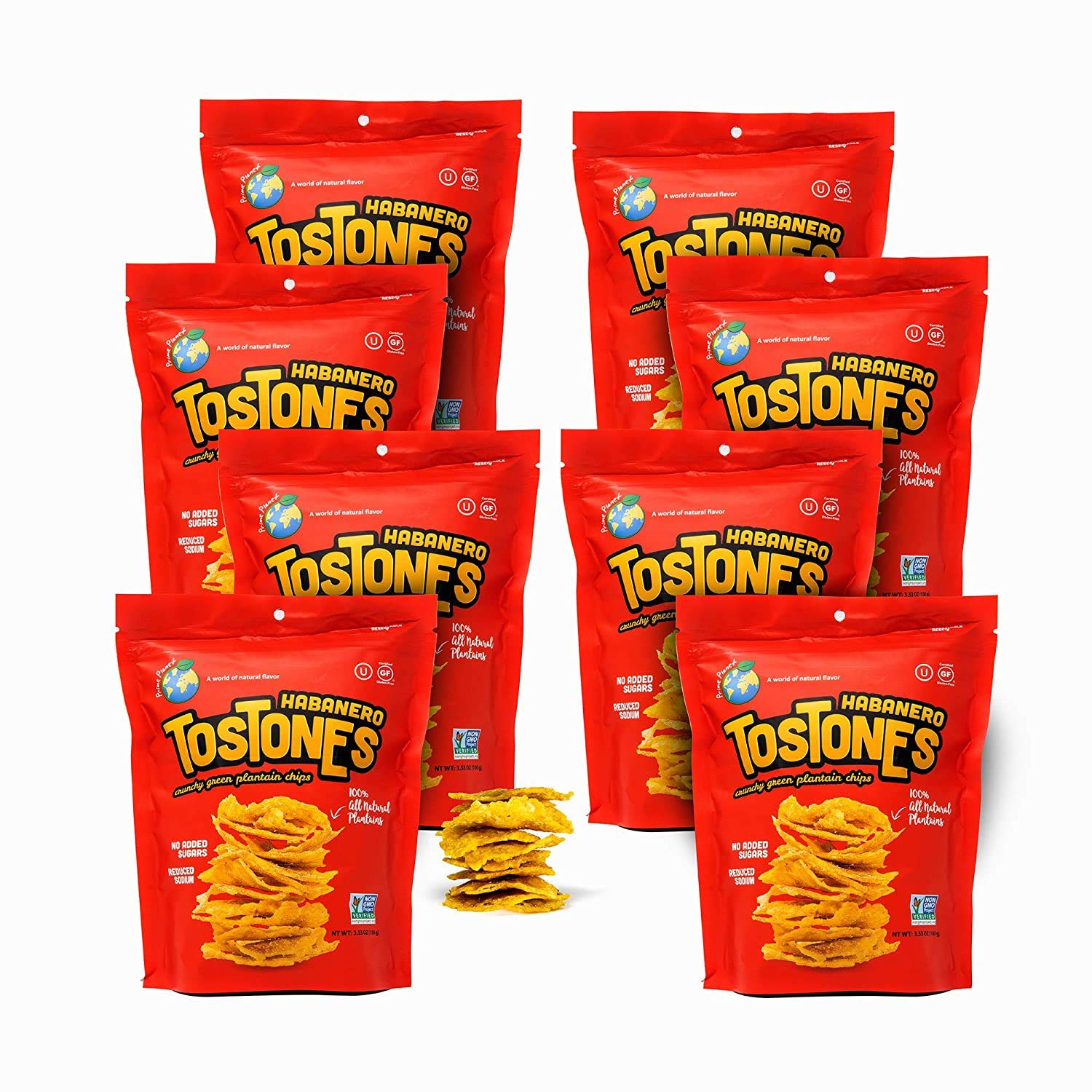 Prime Planet TOSTONES, Green Plantains, Re-Sealable Bag, Crunchy chips, Plantains, Flower Oil and Salt, 3.53 Oz per Unit, HABANERO Flavored, 8 Pack