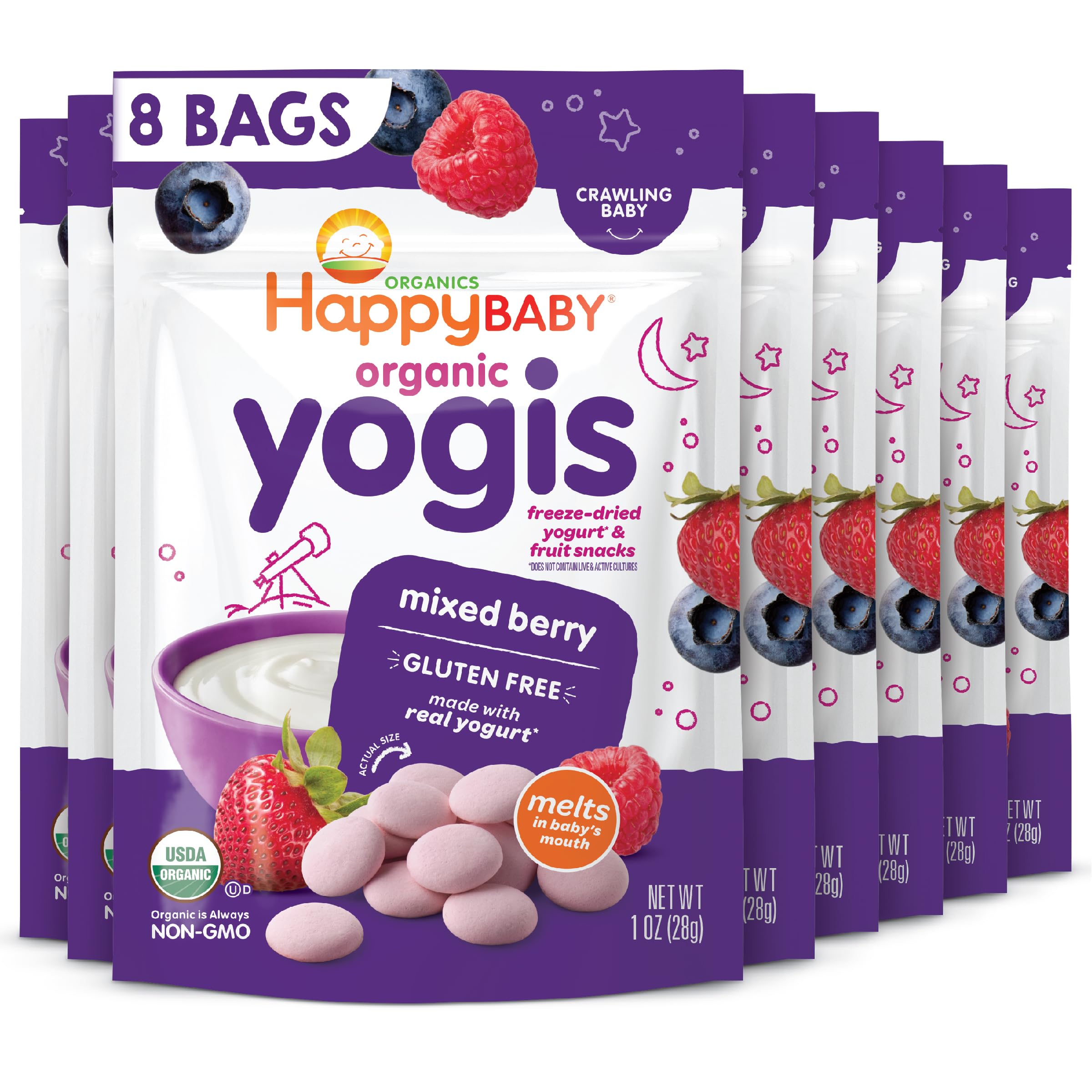 Happy Baby Organic Yogis Freeze-Dried Yogurt & Fruit Snacks, Mixed Berry, 1-Ounce Pouches