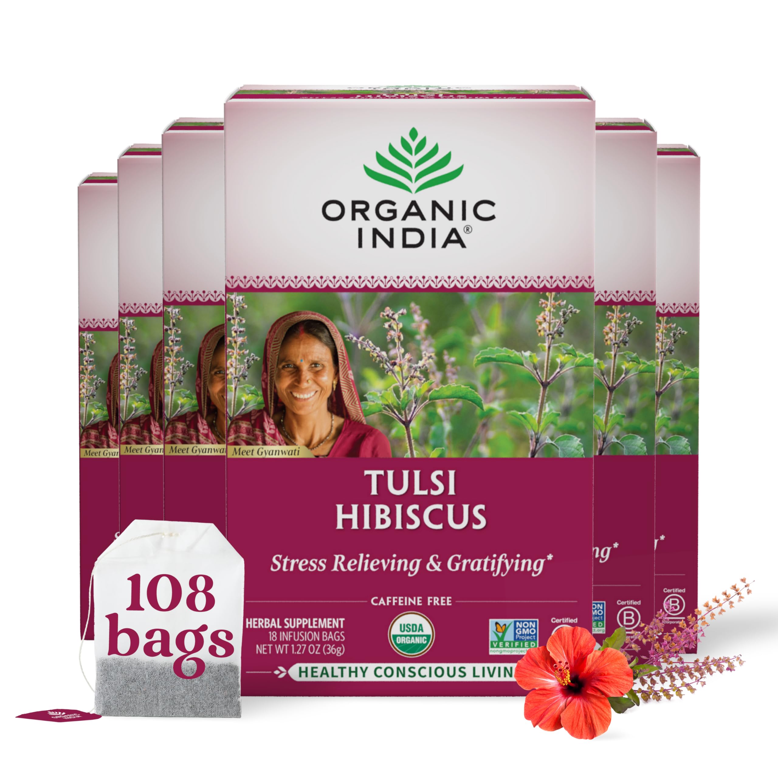 Organic India Tulsi Hibiscus Tea Bags - Holy Basil Herbal Tea, Stress Relieving, Immune Support, USDA Organic, Calming, Caffeine Free- 6 Pack