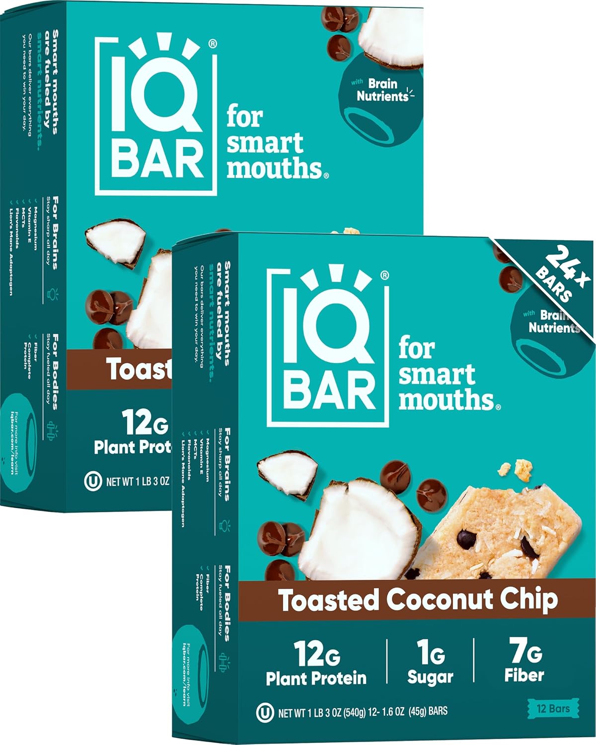 IQ BAR (Pack of 24) IQ Bar Coconut Toasted Chip Protein Nutrition Bar 1.6 Oz