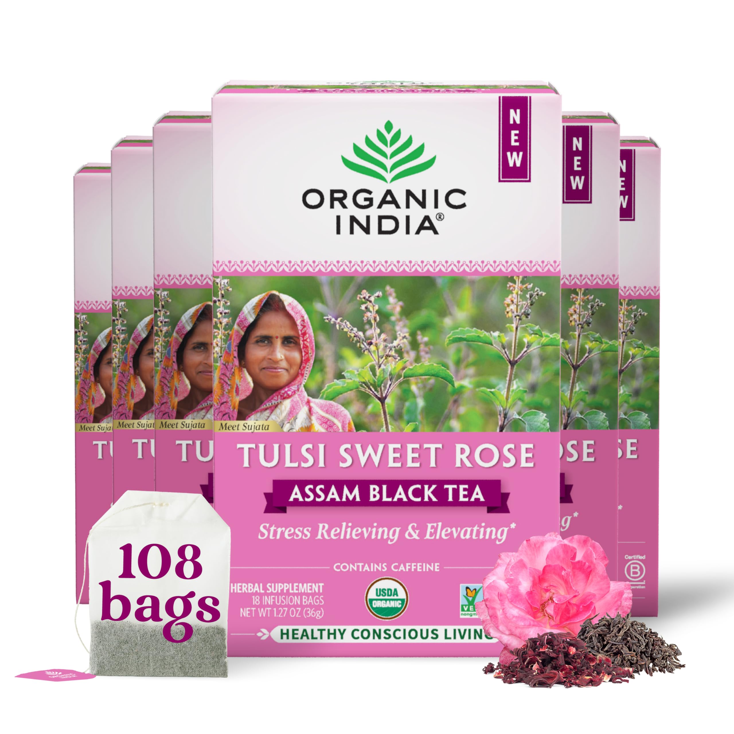 Organic India Tulsi Sweet Rose Assam Black Tea - Stress Relieving & Elevating, 17mg of Caffeine Per Cup, With Ayurvedic Herbs, Vegan, USDA Organic, Non-GMO - 18 Rose Tea Bags