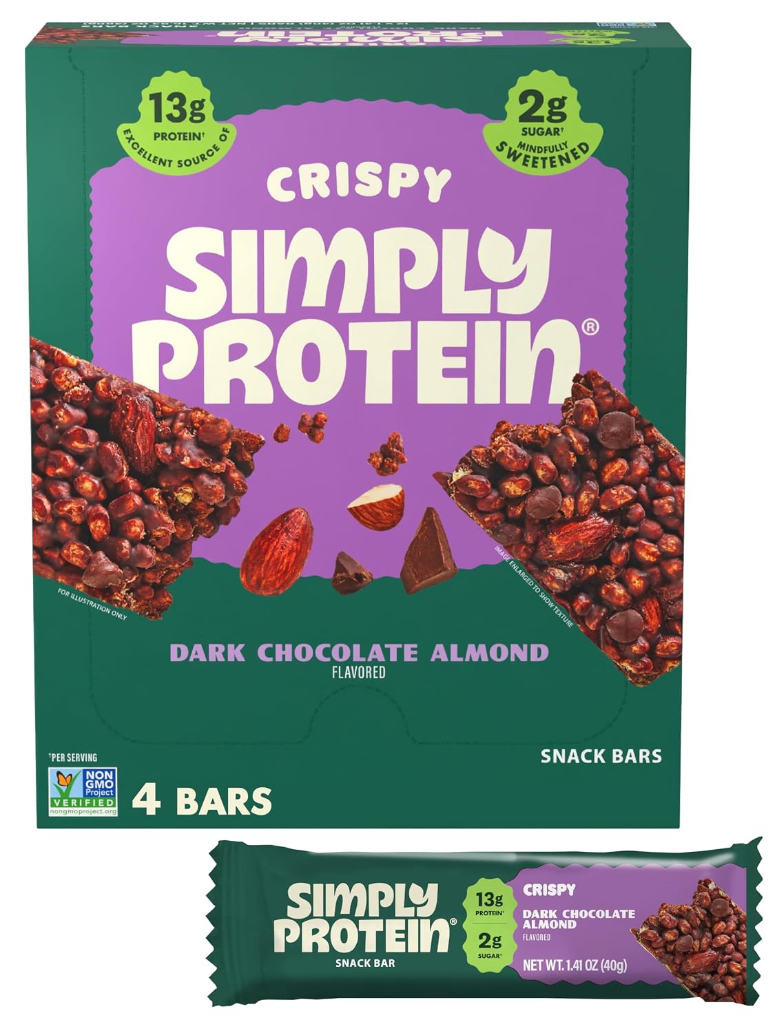 SIMPLYPROTEIN (Pack of 6) SimplyProtein Dark Chocolate Almond Protein Crispy Bar 4-Pack 5.64 Oz