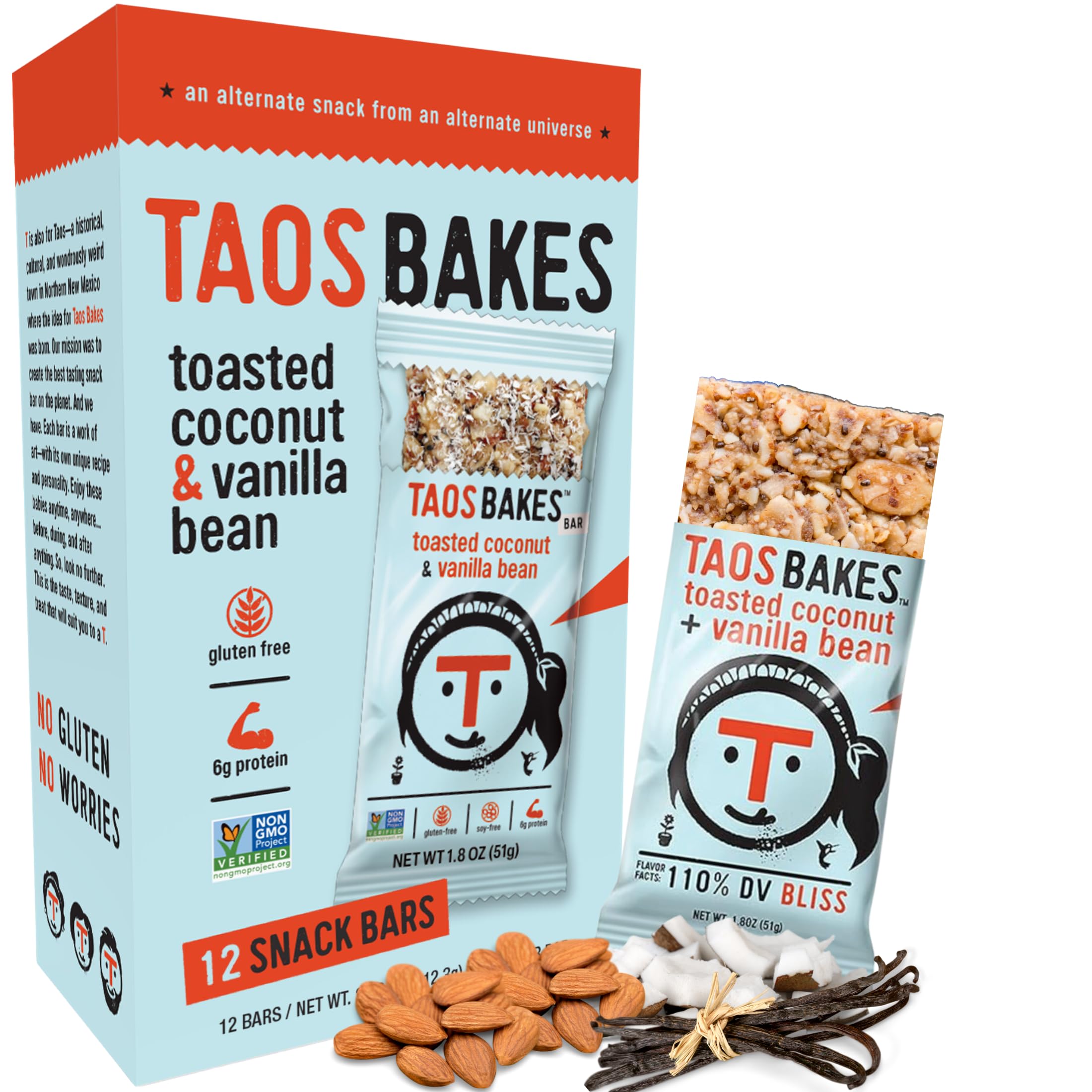 Taos Bakes Toasted Coconut + Vanilla Bean - Snack Bars - 6g Fiber & Gluten-Free Granola Bars - Healthy Snack for Adults - Filled with Almonds, Coconut Chips, & Chia Seeds - 12 Pack