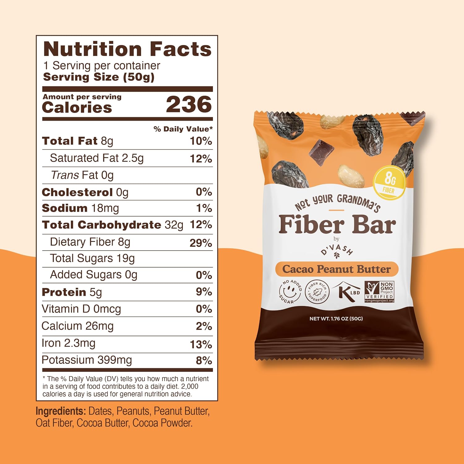 DVASH ORGANICS (Pack Of 24) DVASH Organics Bar Fiber Cacao Peanut Butter 1.76 Oz 8g Fiber