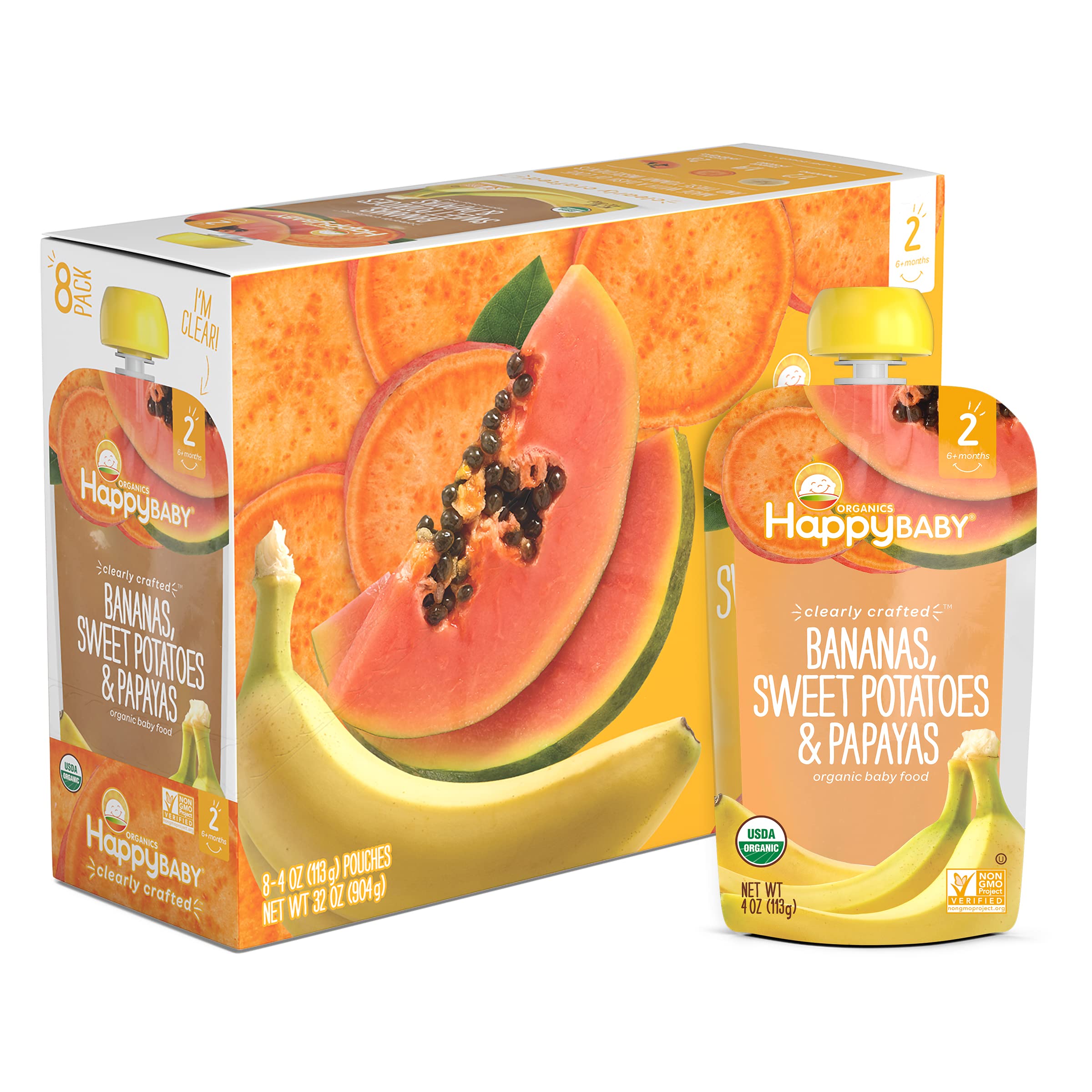 Happy Baby Organics Stage 2 Baby Food Pouches, Gluten Free, Vegan & Healthy Snack, Clearly Crafted Fruit & Veggie Puree, Bananas, Sweet Potatoes & Papayas
