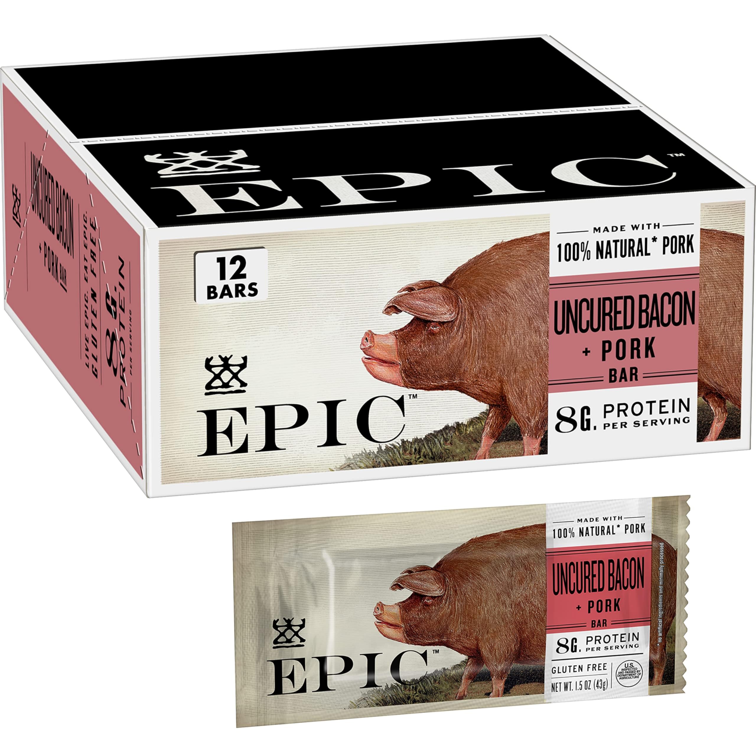 Epic Uncured Bacon and Pork Bars, Paleo Friendly, Protein Snacks, 12 Count