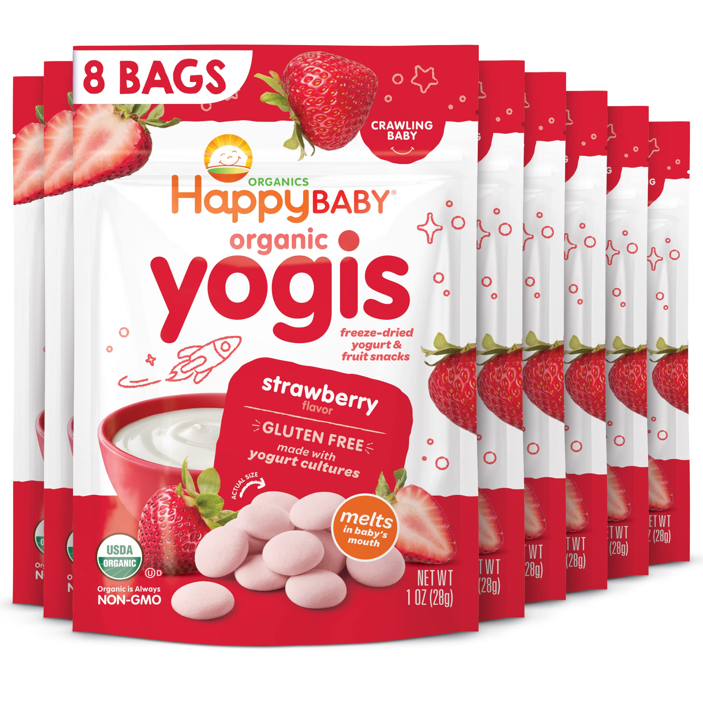 Happy Baby Organics Yogis Freeze-Dried Yogurt & Fruit Snack, Strawberry, 1 Ounce packaging may vary
