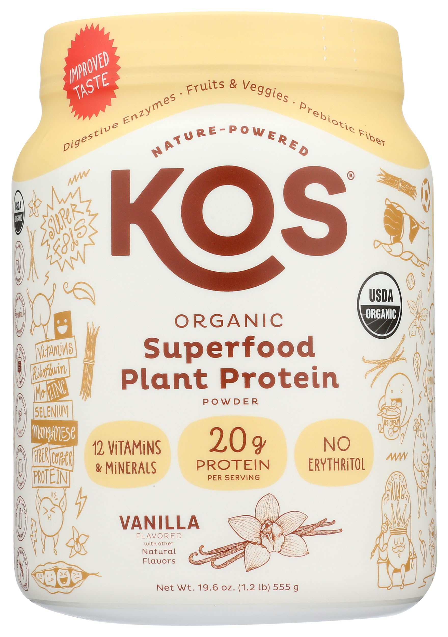 Kos Vegan Protein Powder Erythritol Free, Vanilla - Protein Blend, Plant Based Superfood Rich Inch Vitamins & Minerals - Keto, Dairy Free - Meal Replacement for Women & Men, 15 Servings