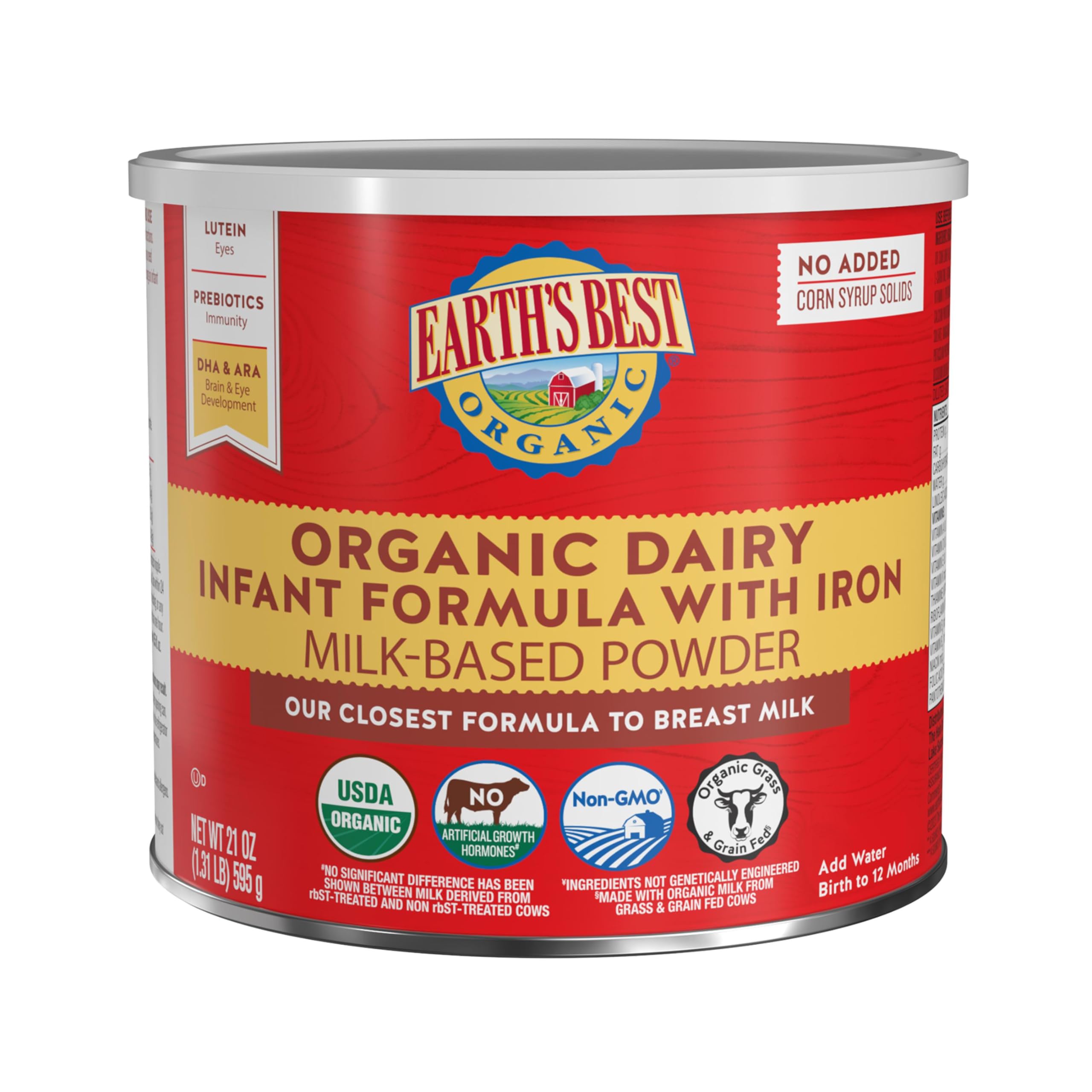 Earth's Best Organic Baby Formula for Babies 0-12 Months, Powdered Dairy Infant Formula with Iron, Omega-3 DHA, and Omega-6 ARA, Formula Container
