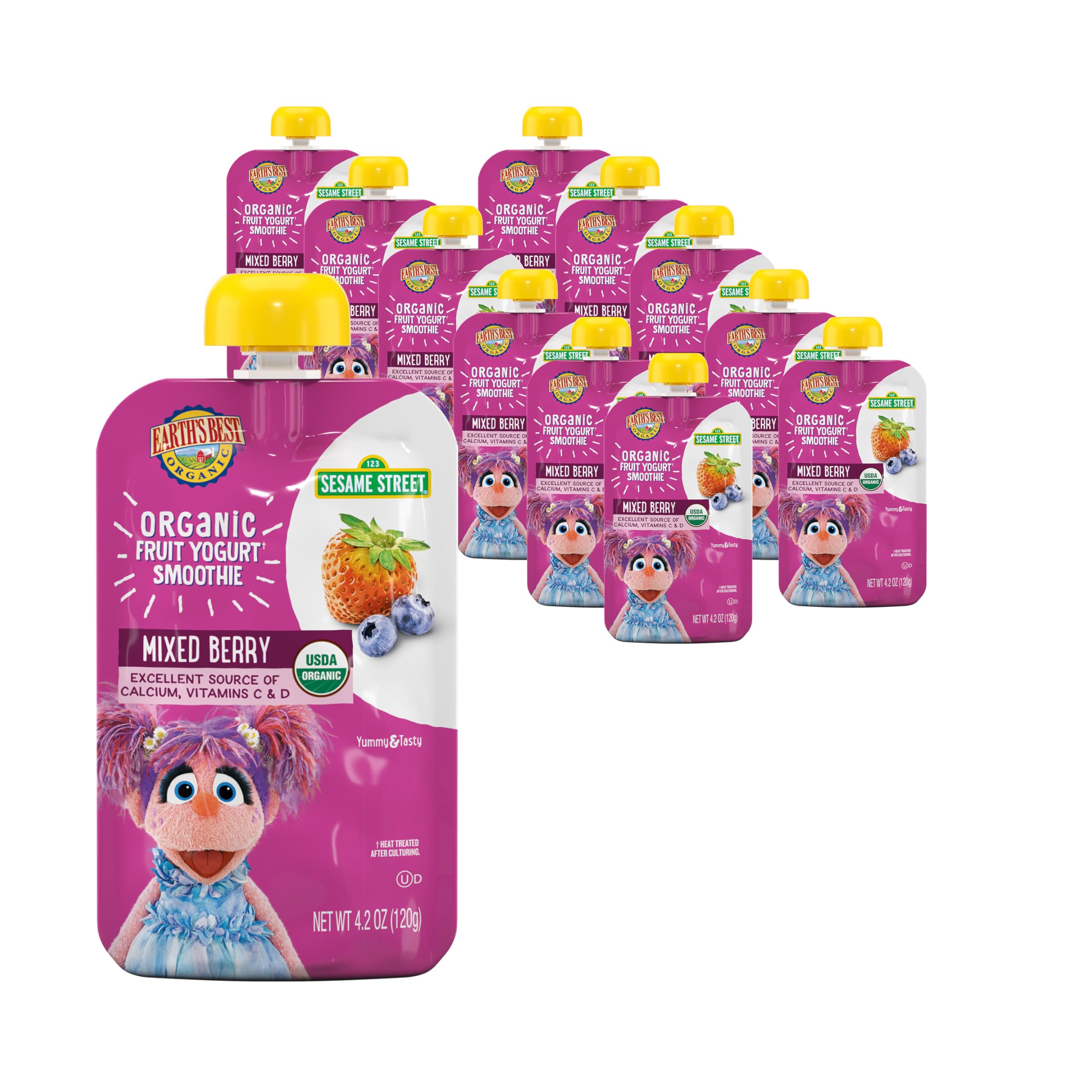Earth's Best Organic Yogurt Smoothie Pouches, 24+ Months, Fruit and Yogurt Smoothie for Kids, Mixed Berry, Resealable Pouch