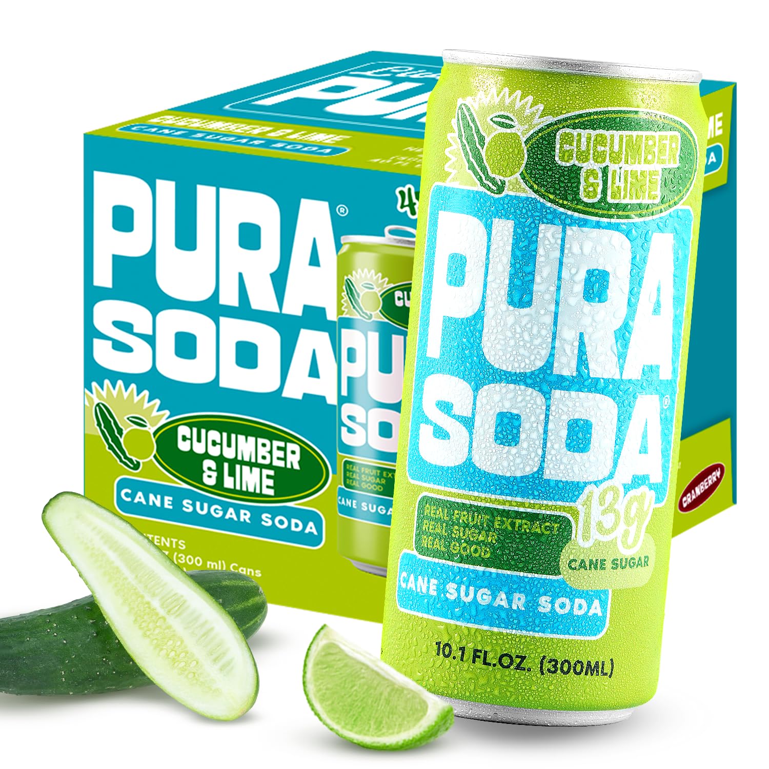 Pura Soda Cucumber Lime 40.4 Fl Oz, (4 Cans per Pack), 24 Cans Total