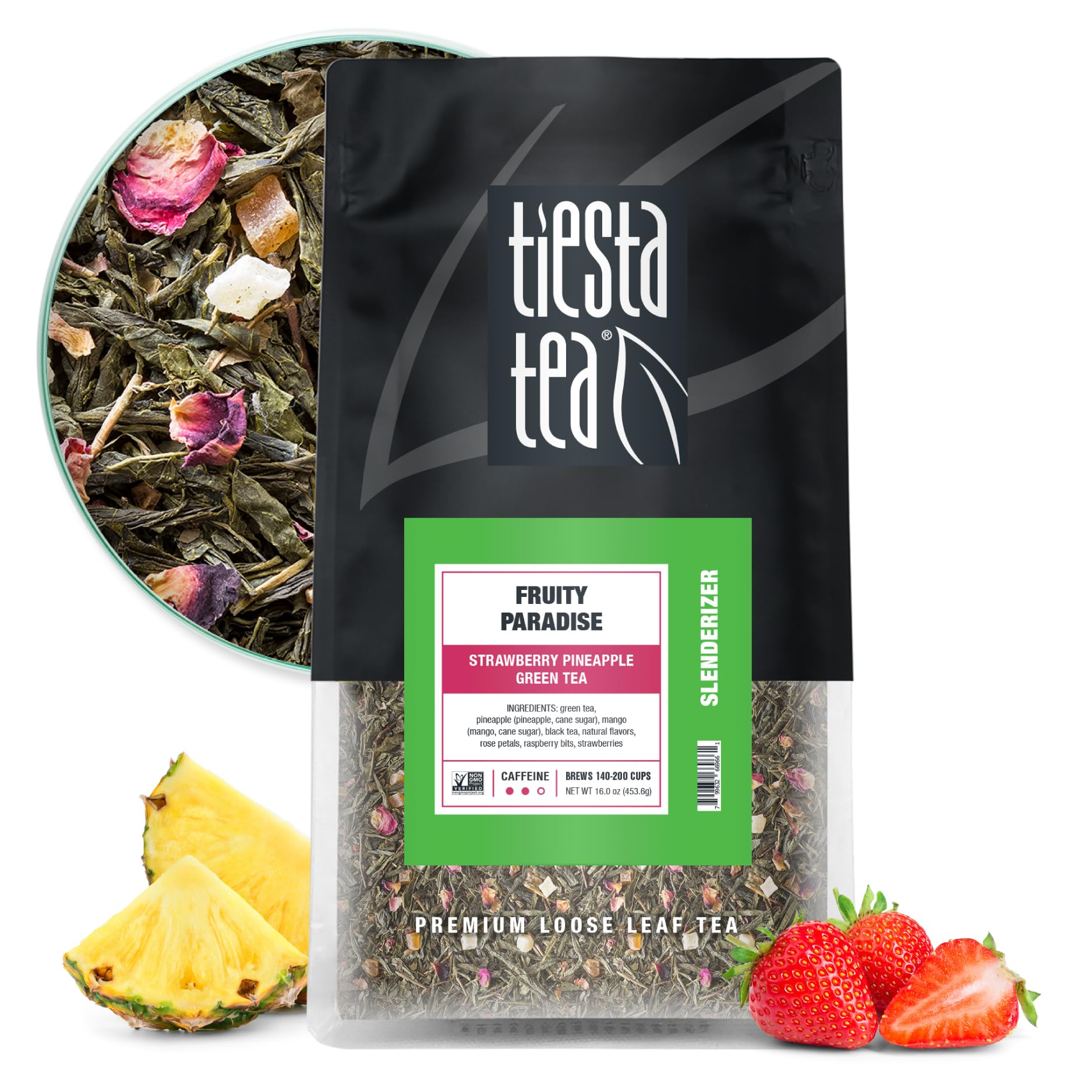 Tiesta Tea Eb Fruity Paradise, Loose Leaf, Strawberry Pineapple Green Tea, Premium Medium Caffeinated Green Blend, Make Hot or Iced & Brews Up to 200 Cups, 16oz Resealable Bulk Pouch