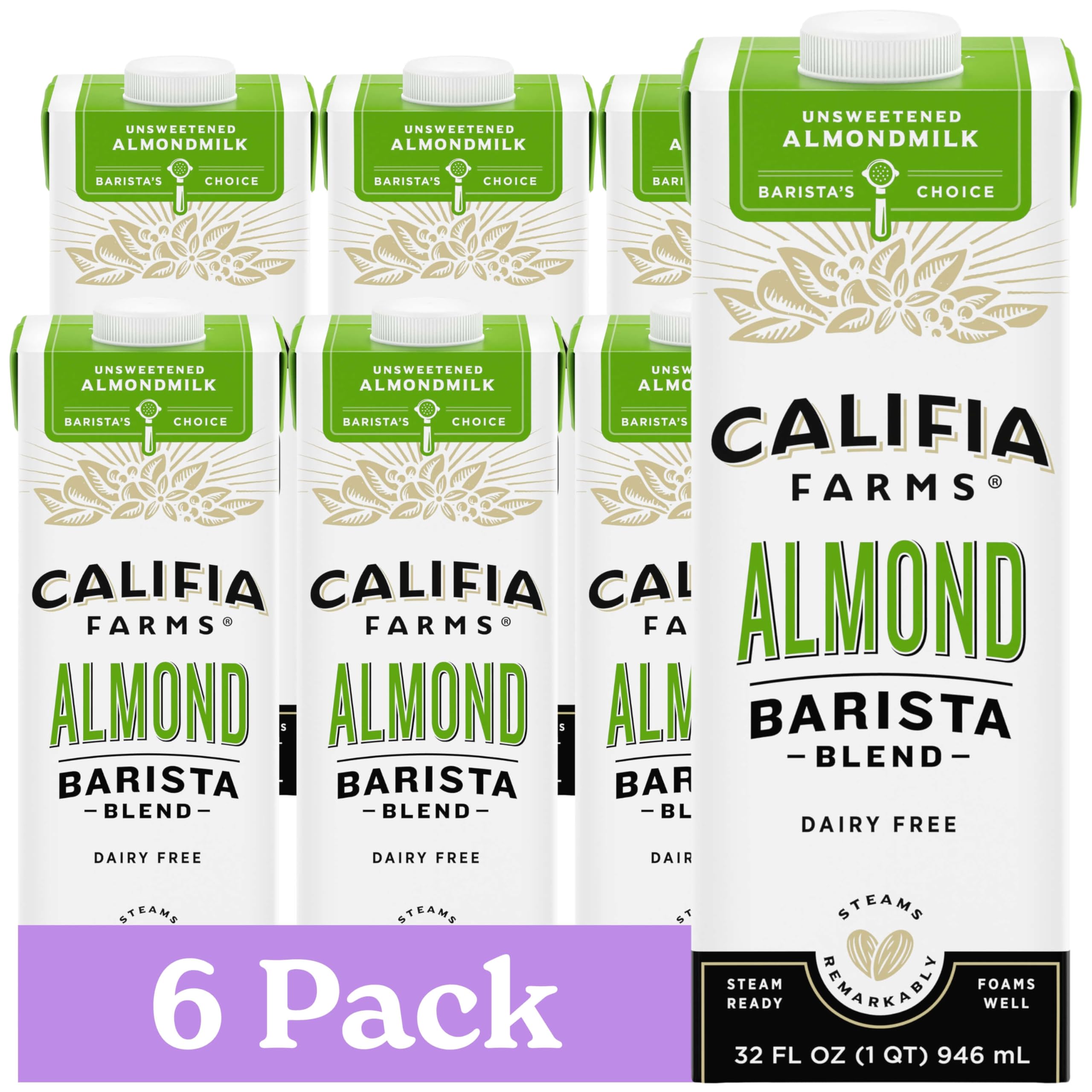 Califia Farms - Unsweetened Almond Barista Blend Almond Milk, 32 Oz , Shelf Stable, Dairy Free, Plant Based, Vegan, Gluten Free, Non GMO, Sugar Free, Milk Frother, Creamer