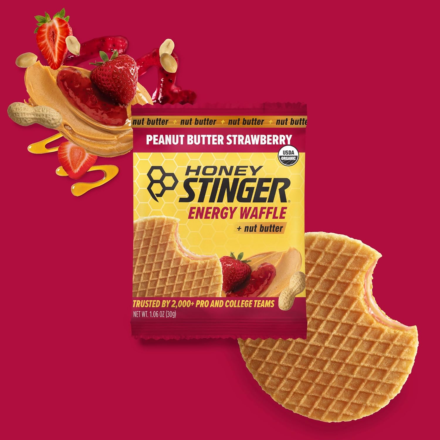HONEY STINGER (Pack of 24) Honey Stinger Cookie Waffle Peanut Butter Strawberry Organic 1.06 Oz