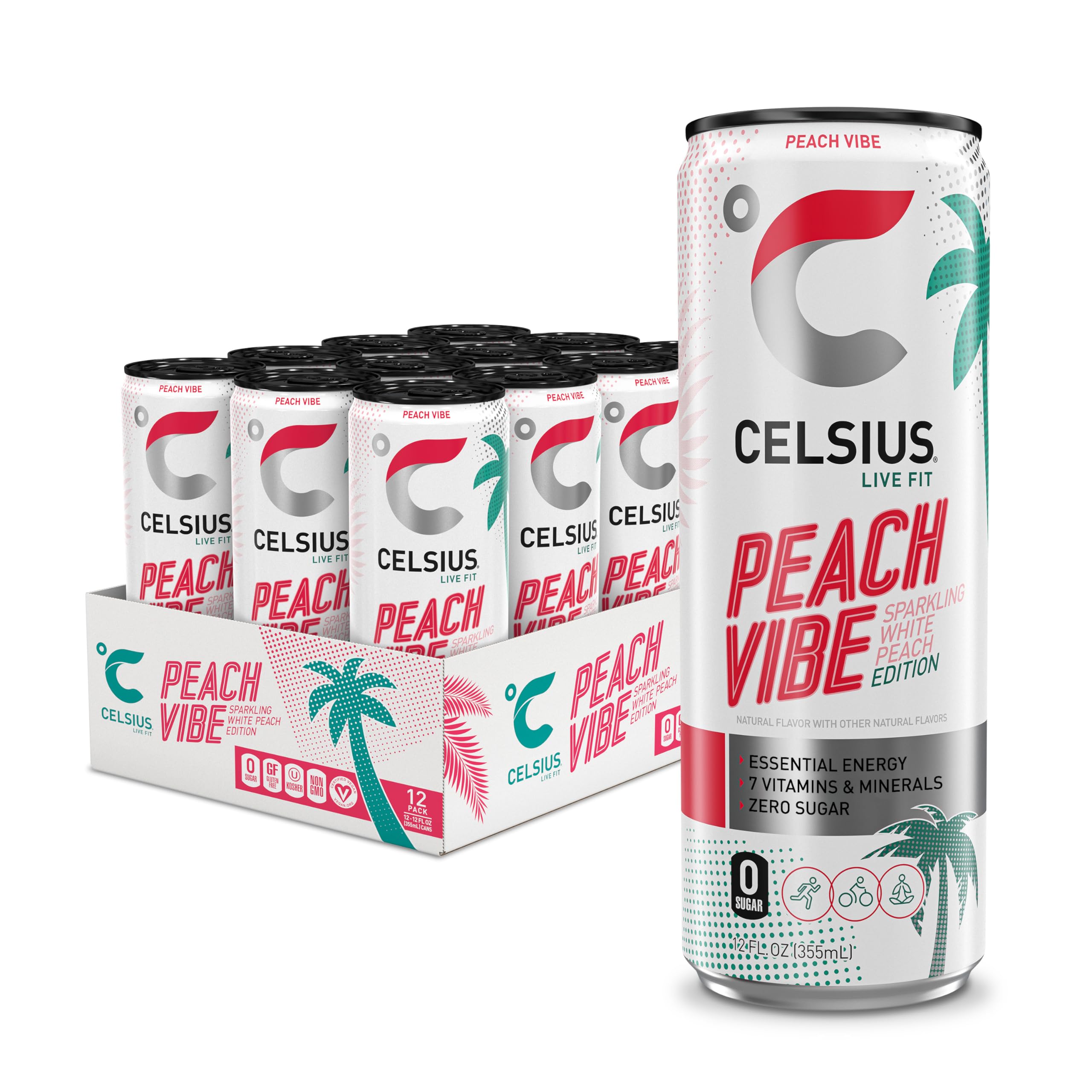 Celsius PEACH VIBE Sparkling White Peach, Sugar Free Energy Drink