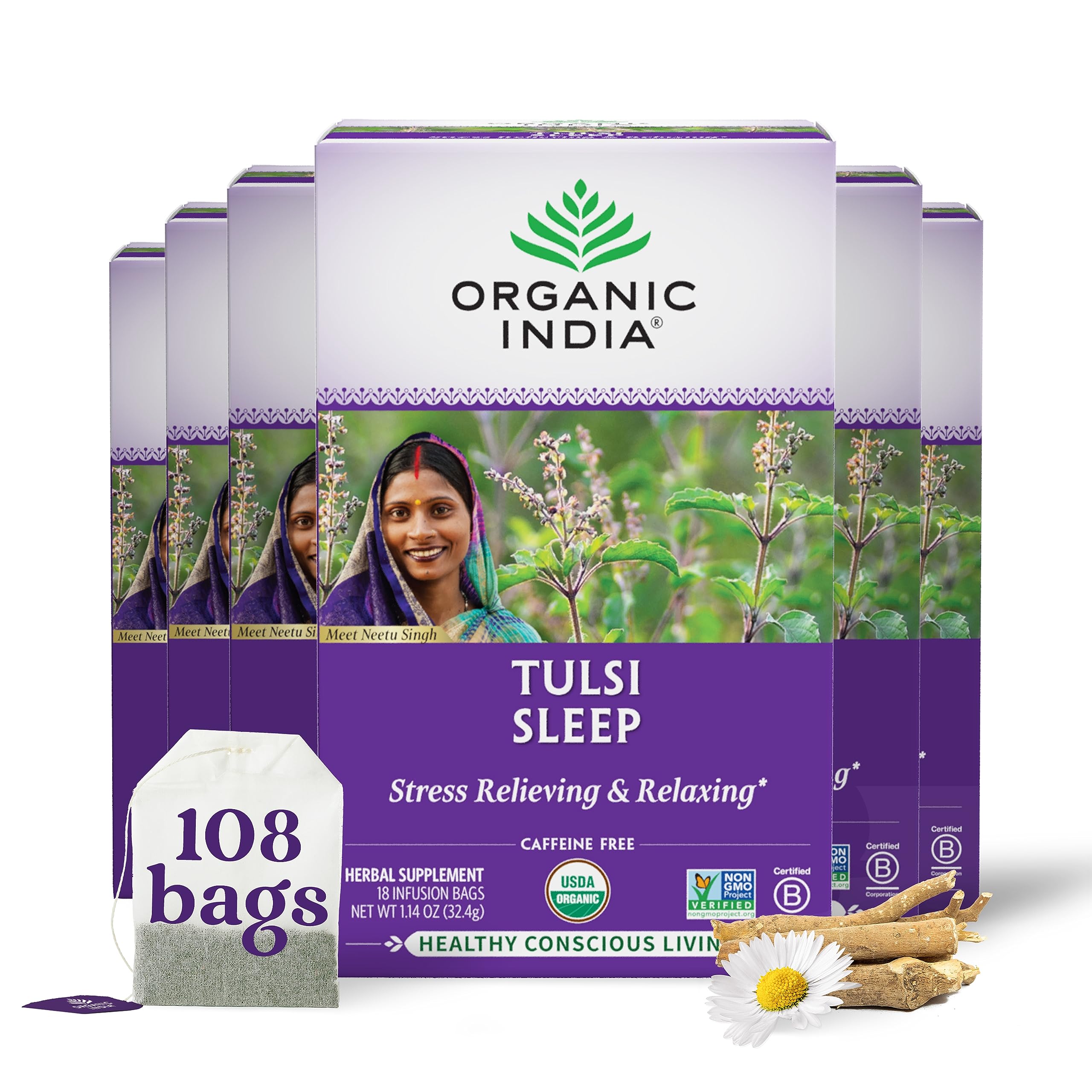 Organic India Tulsi Sleep Herbal Tea - Holy Basil, Ashwagandha, Chamomile, Night Time Tea for Bedtime, Stress Relieving & Relaxing, Immune Support, USDA Certified Organic - 18 Infusion Bags, 6 Pack