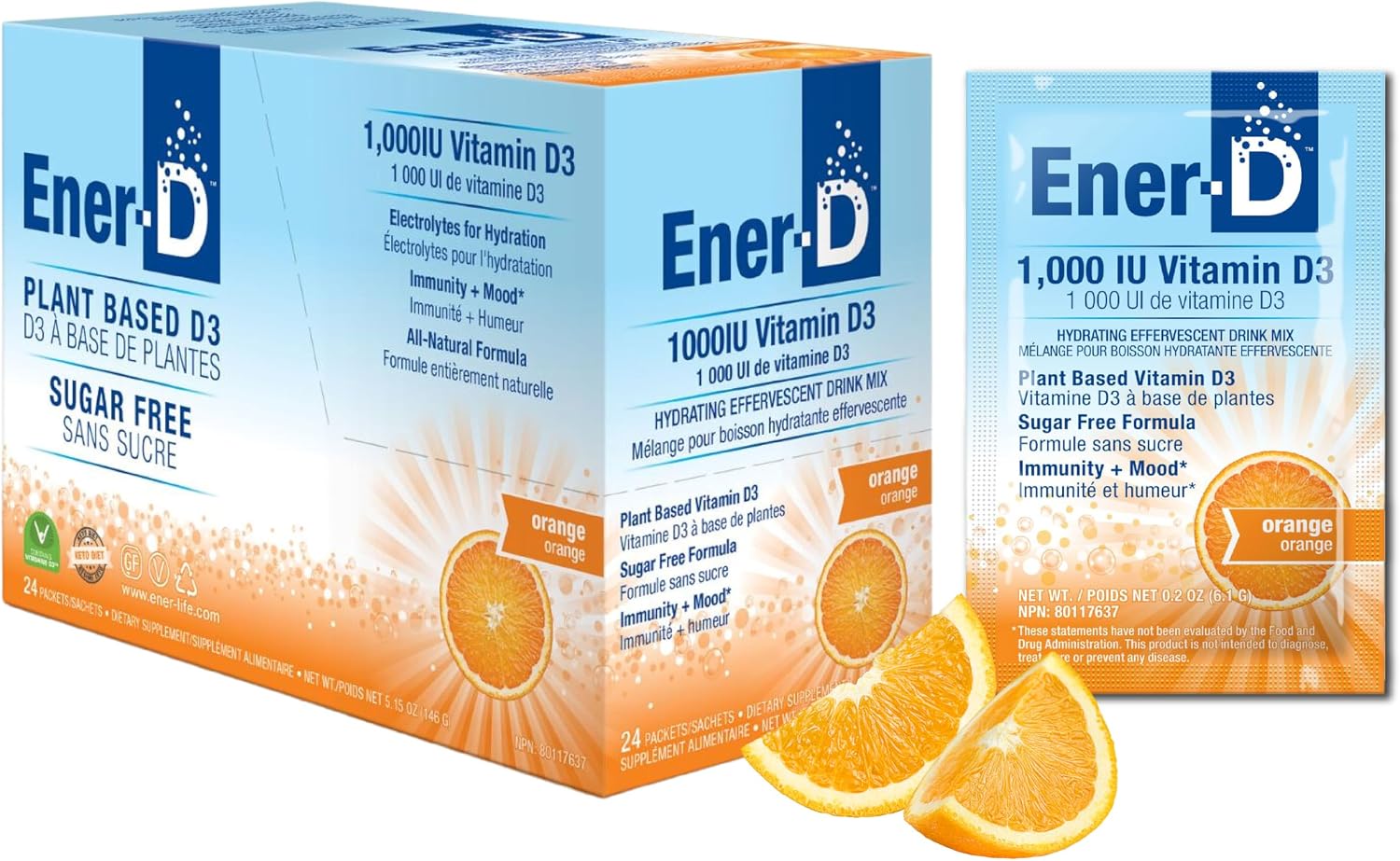 ENER LIFE (Pack of 4) Ener Life Vitamin D Packets Orange Sugar Free Vitamin Supp 24 Pieces
