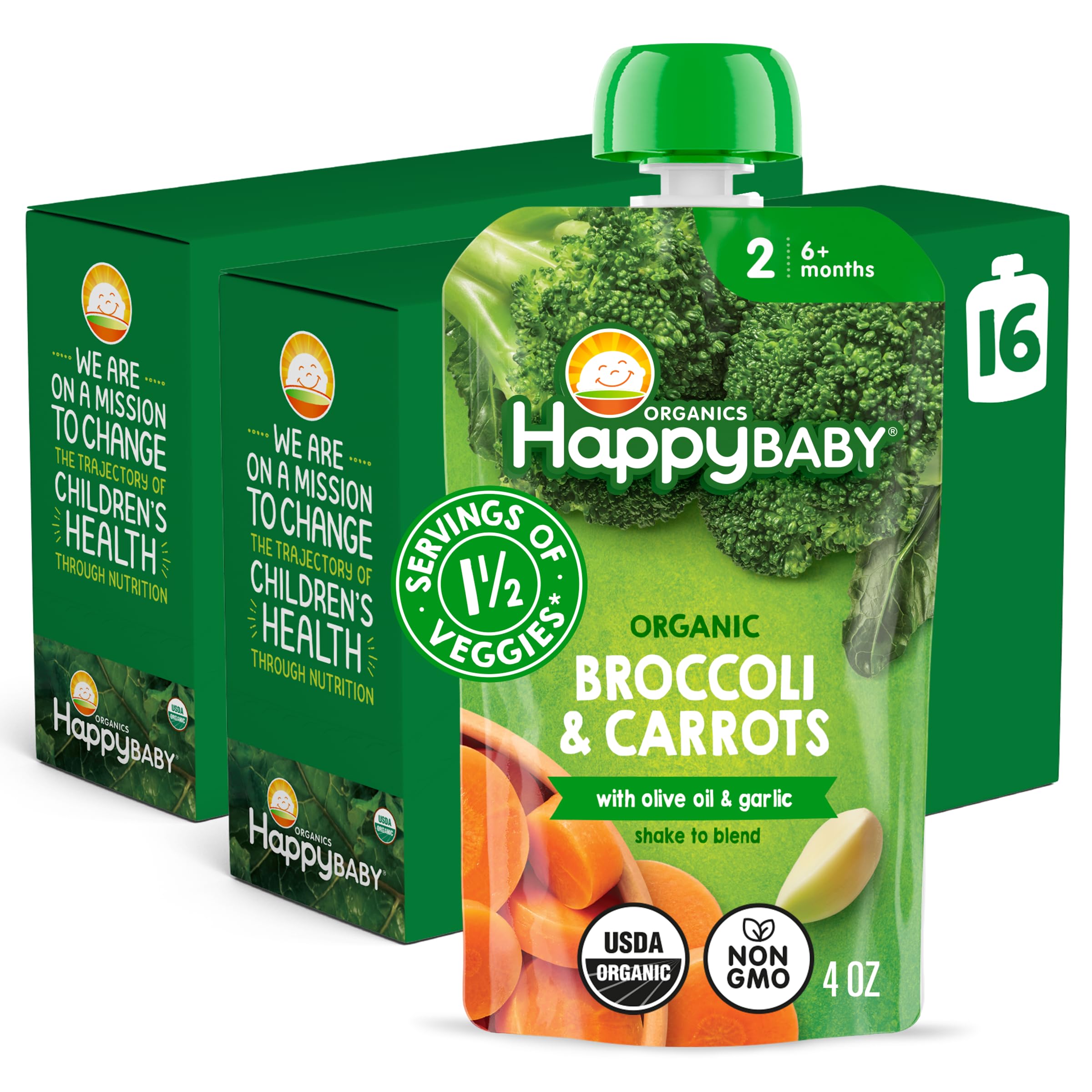 Happy Baby Organics Savory Blends Stage 2 Baby Food, Broccoli & Carrots with Olive Oil + Garlic, Pouch