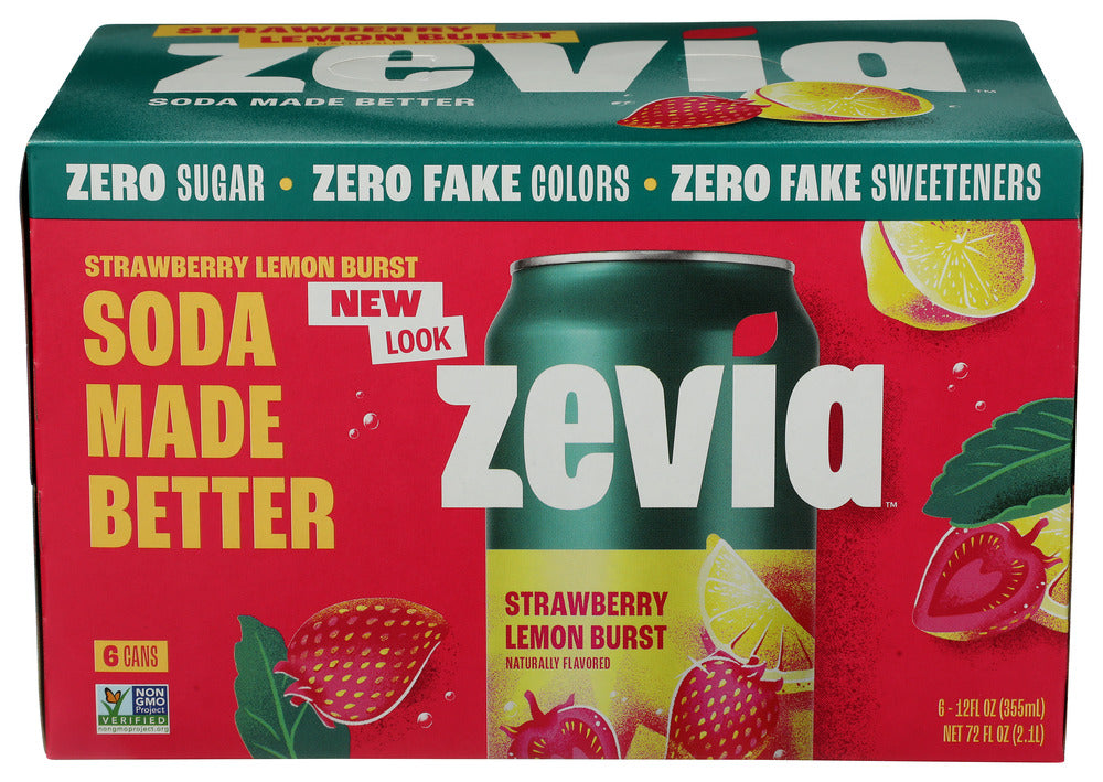 Zevia Soda Strawberry Lemon Burst 72 Fl Oz, (6 Cans per Pack), 24 Cans Total