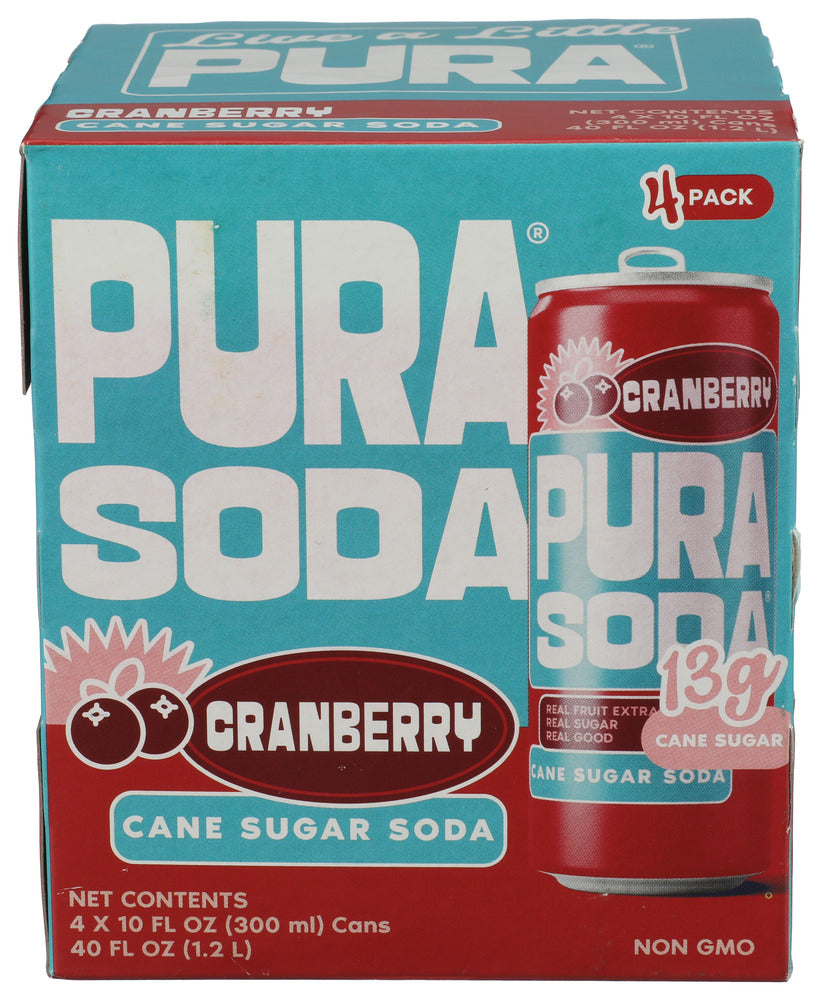 Pura Soda Cranberry 40.4 Fl Oz, (4 Cans per Pack), 24 Cans Total