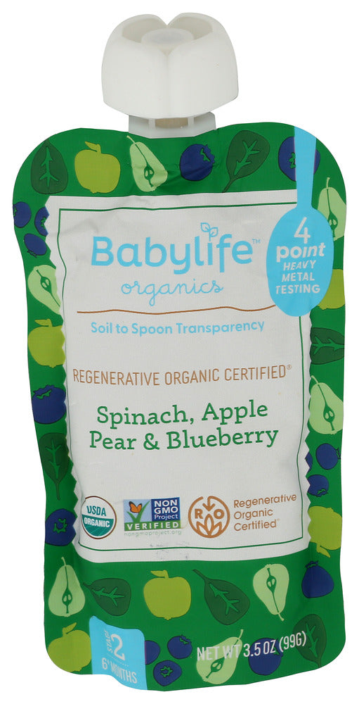 BABYLIFE (Pack of 24) Babylife Spinach Apple Pear Blueberry Baby Food Pouch Puree 3.5 Oz