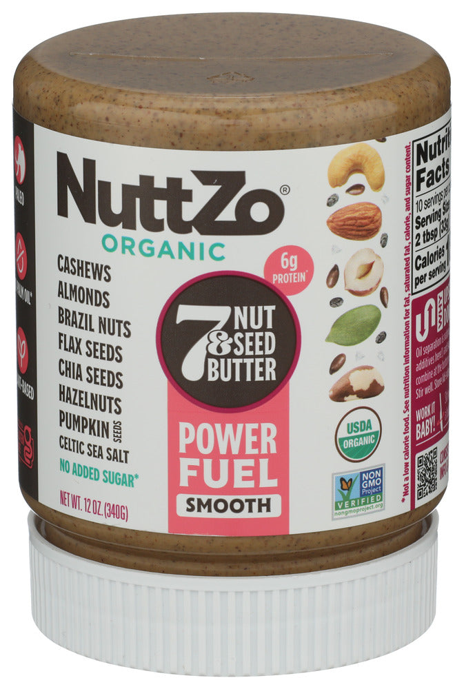 Nuttzo Organic Power Fuel 7 Nuts and Seeds Butter, Smooth, Paleo and Keto Friendly, Peanut and Gluten Free, Vegan, Kosher, No Added Sugar or Oil, 12 oz Jar, 6 Pack