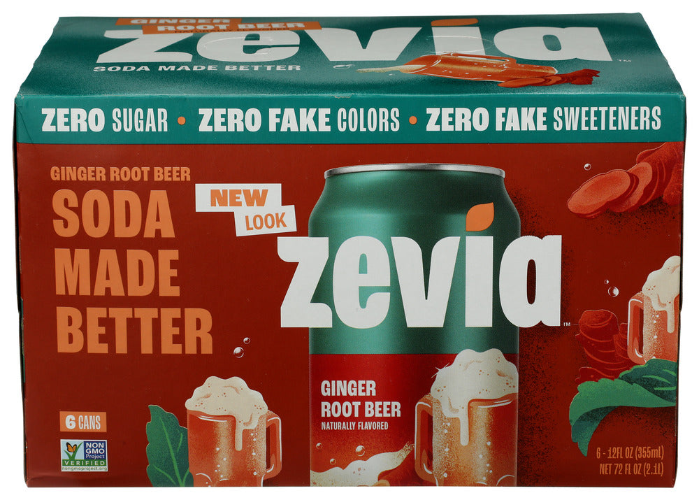 Zevia Soda Root Beer Ginger 72 Fl Oz, (6 Cans per Pack), 24 Cans Total