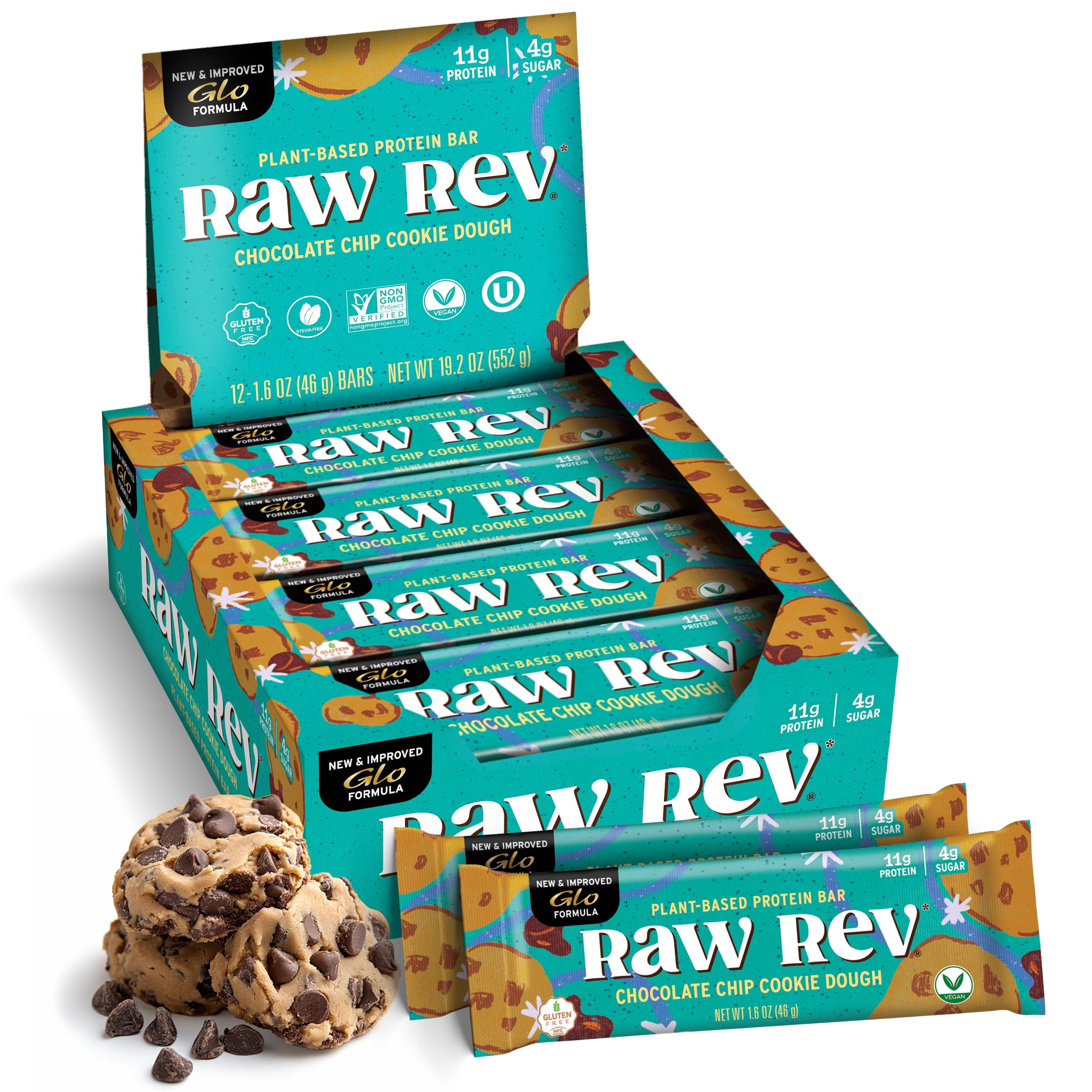 Raw Rev Vegan Protein Bars- Chocolate Chip Cookie Dough, 12 bars, Non-GMO, Plastic-Neutral, Nothing Artificial, Glo Formula, Gluten-Free, Keto-Friendly, Paleo, Kosher, No Sugar Alcohols, No Stevia.