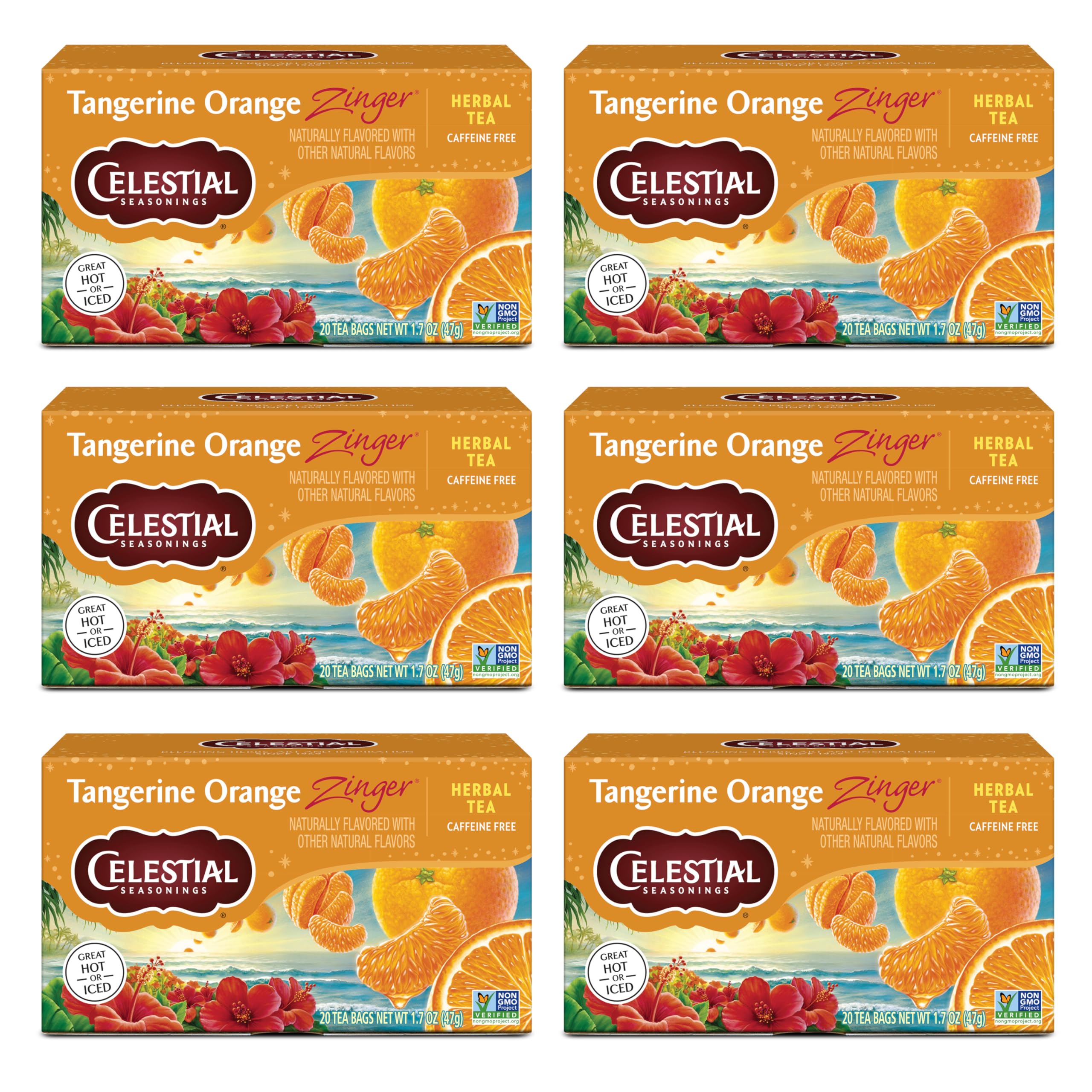 Celestial Seasonings Tangerine Orange Zinger Herbal Tea, Caffeine Free, 20 Tea Bags Box
