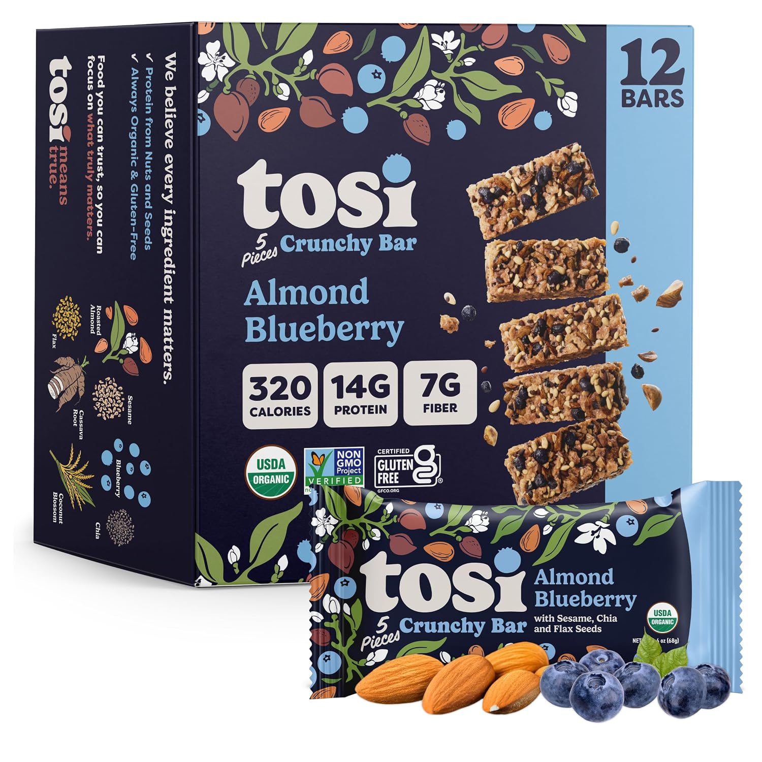 TOSI (Pack of 24) Tosi Bar Almond Blueberry 1 Oz - 2 boxes 12 each