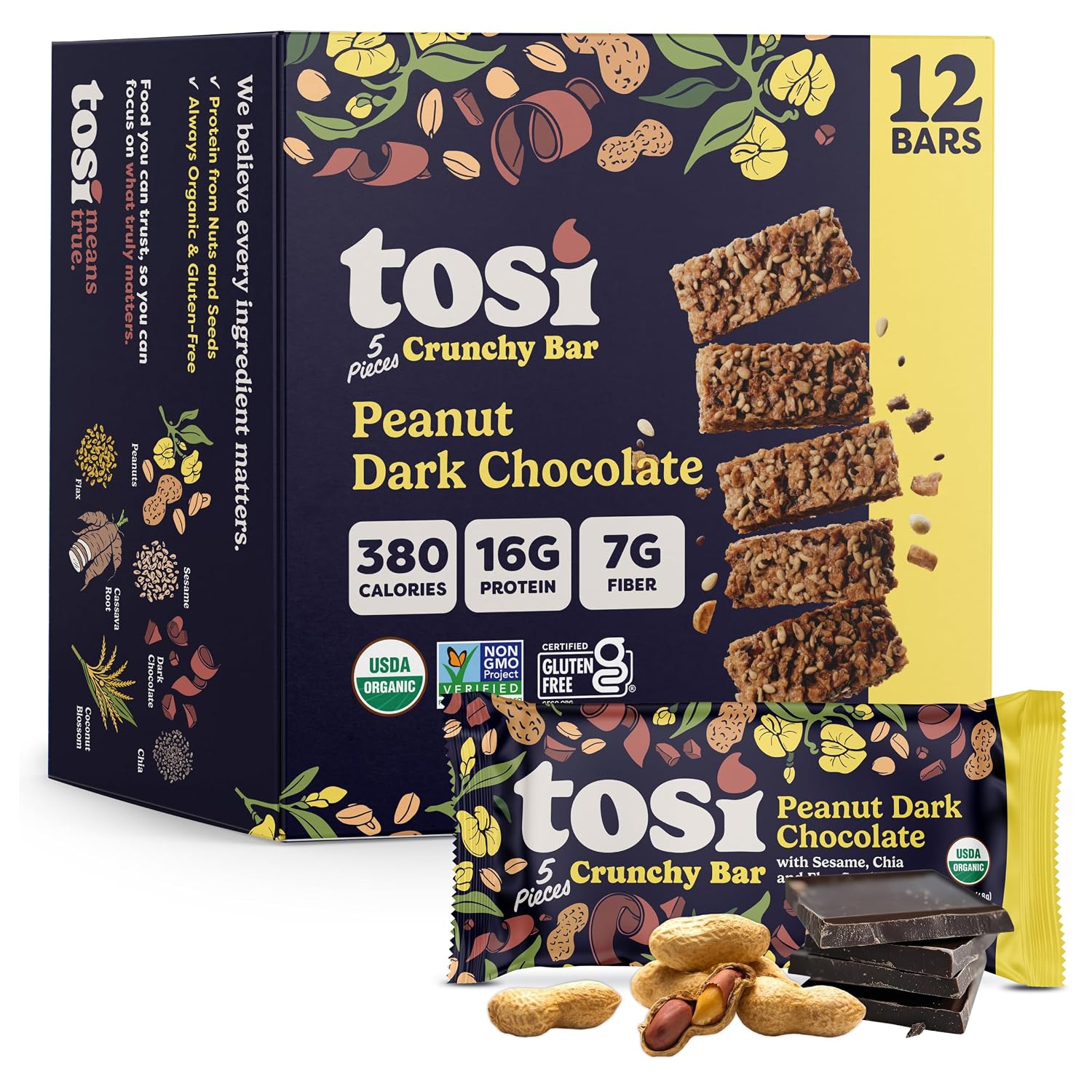 TOSI (Pack of 24) Tosi Bar Peanut Dark Chocolate 1 Oz - 2 boxes 12 each