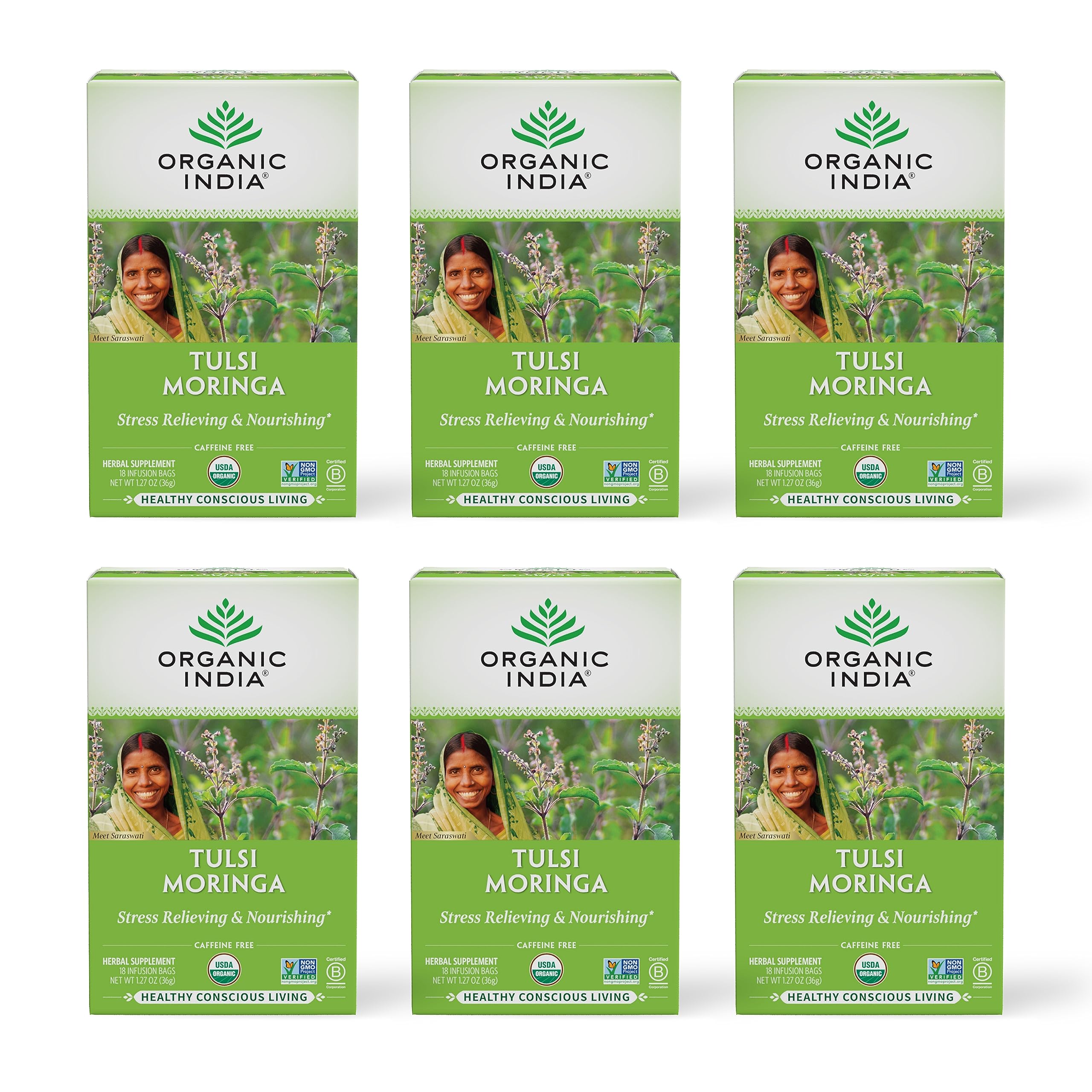 Organic India Tulsi Moringa Tea Bags - Holy Basil, Lemongrass, Moringa Leaves, Stress Relieving & Nourishing, Immune Support Tea, Vegan, Certified Organic, Caffeine-Free - 18 Infusion Bags, 6 Pack