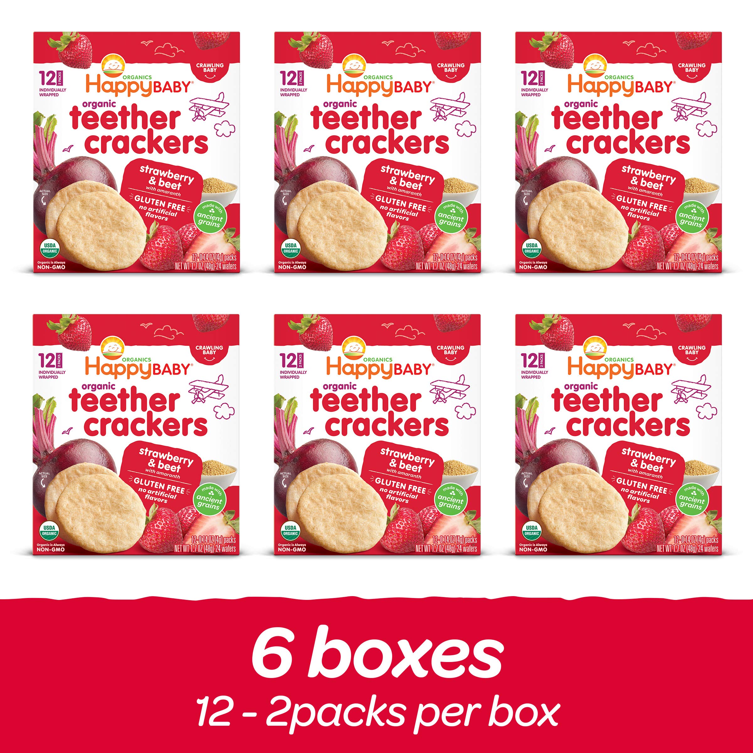 Happy Baby Organics Baby Snacks, Gentle Teething Crackers, Gluten Free & Vegan, Strawberry & Beet