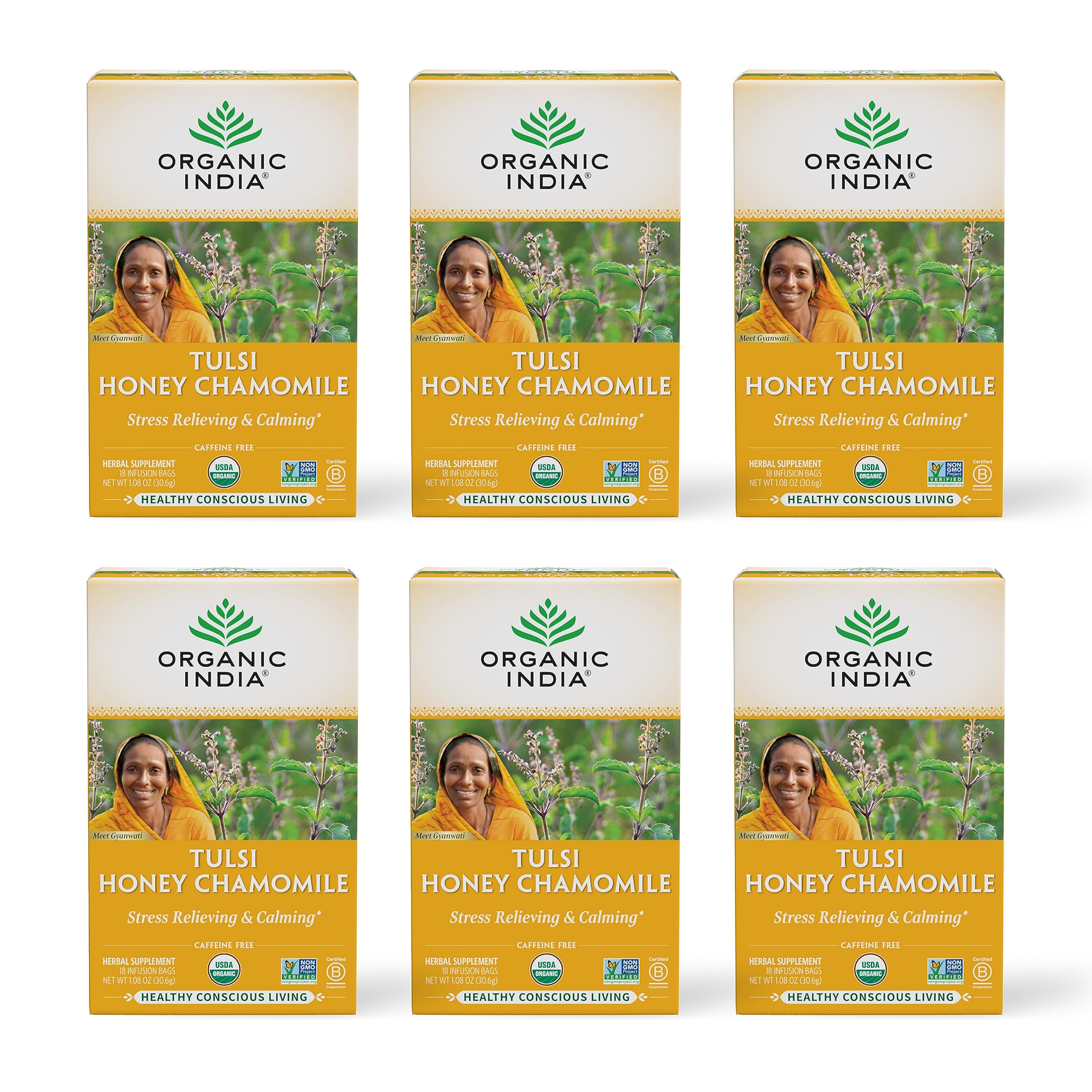 Organic India Tulsi Honey Chamomile Tea Bags - Herbal Tea for Stress Relieving & Calming, Immune Support, Adaptogen, Gluten-Free, USDA Certified Organic, Caffeine-Free - 18 Infusion Bags, 6 Pack