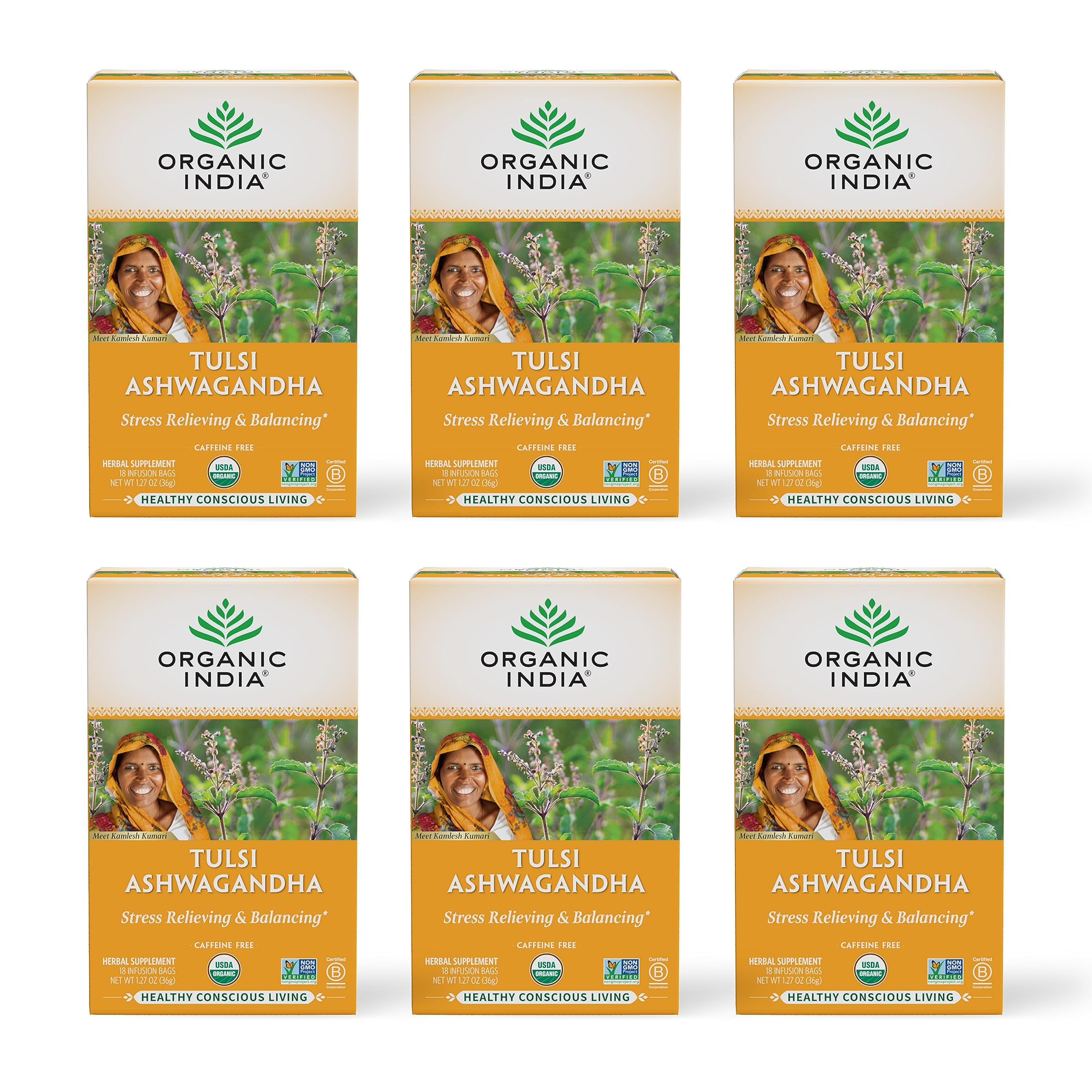 Organic India Calming Tulsi Ashwagandha Tea - Organic Tea Bags, Holy Basil, Vegan, USDA Certified Organic, Non-GMO, Caffeine Free - 18 Infusion Bags, 6 Pack