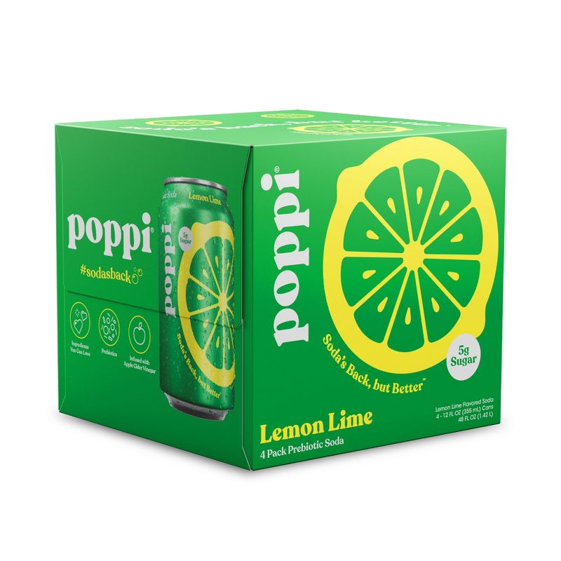 Poppi Soda Prebiotic Lemon Lime 48 Fl Oz, (4 Cans per Pack), 24 Cans Total