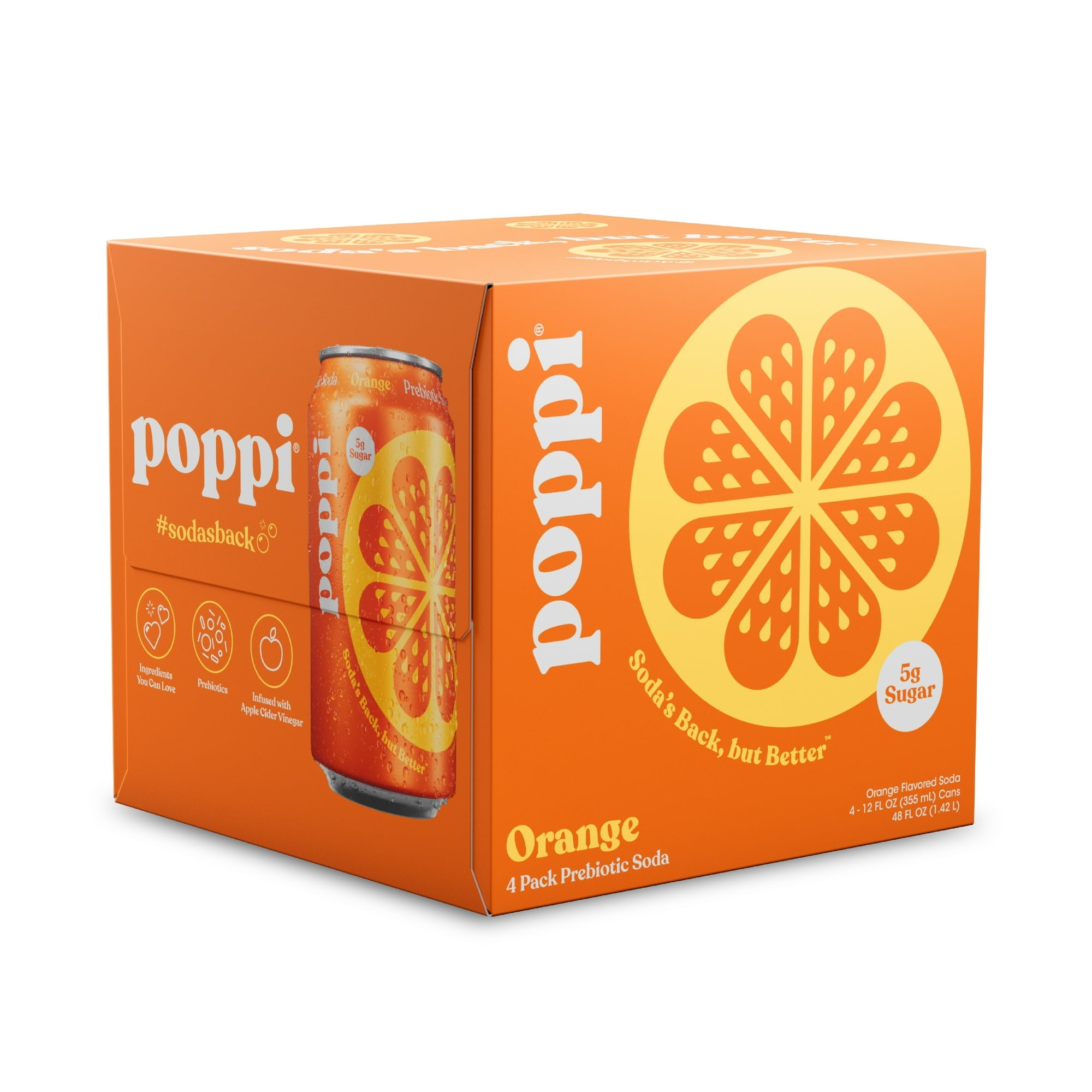 Poppi Soda Prebiotic Orange 48 Fl Oz, (4 Cans per Pack), 24 Cans Total