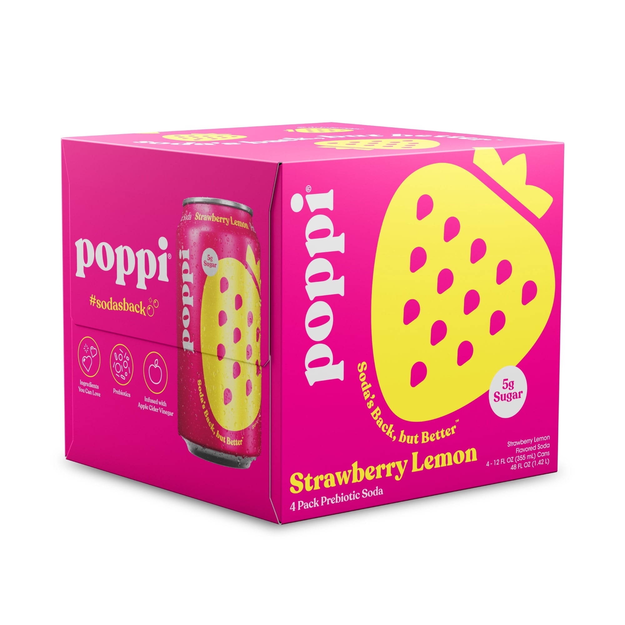 Poppi Soda Prebiotic Strawberry Lemonade 48 Fl Oz, (4 Cans per Pack), 24 Cans Total