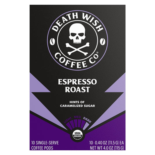 Death Wish Coffee Coffe Single serve Espresso Roast Organic 10 Ct (Pack Of 6)