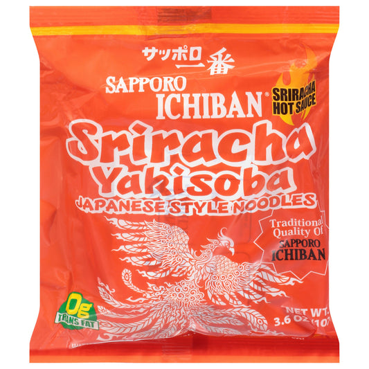 Sapporo Ichiban Sriracha Yakisoba Japanese Style Noodles Bag 3.6 Oz Pack of 24