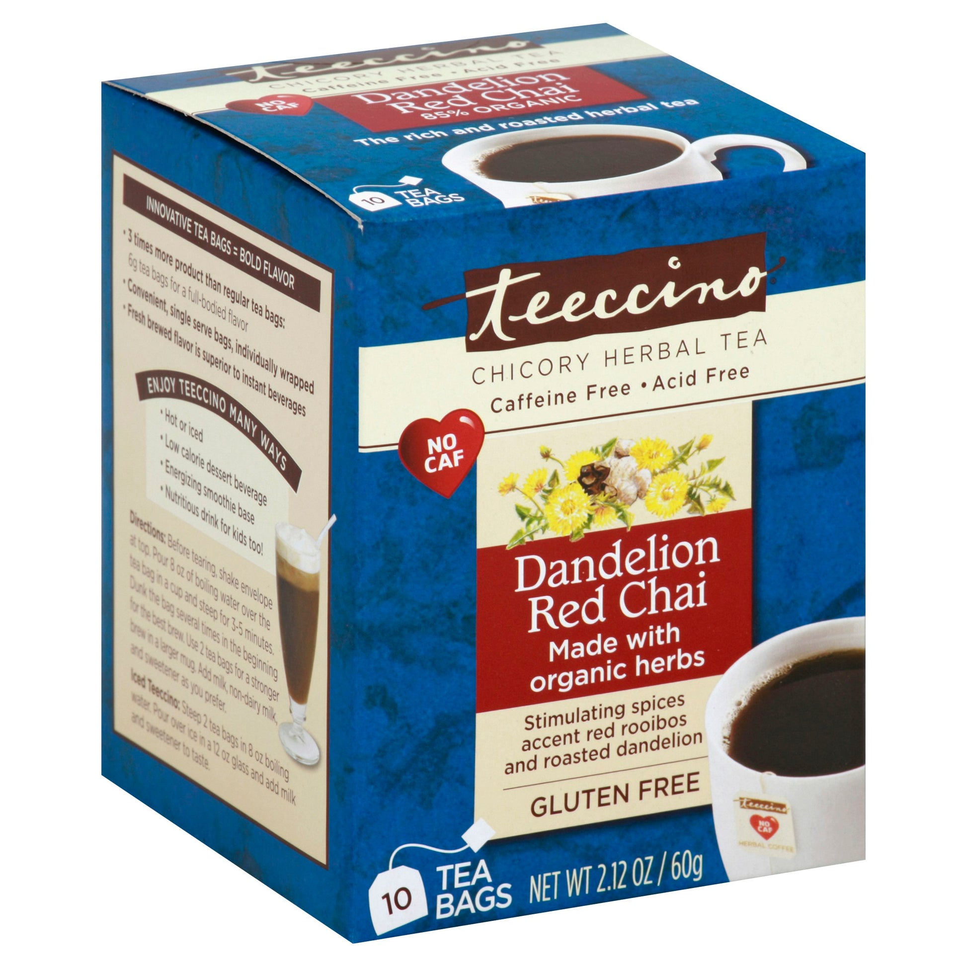 Teeccino Tea Dandelion Red Chai 10 Ct Pack of 6