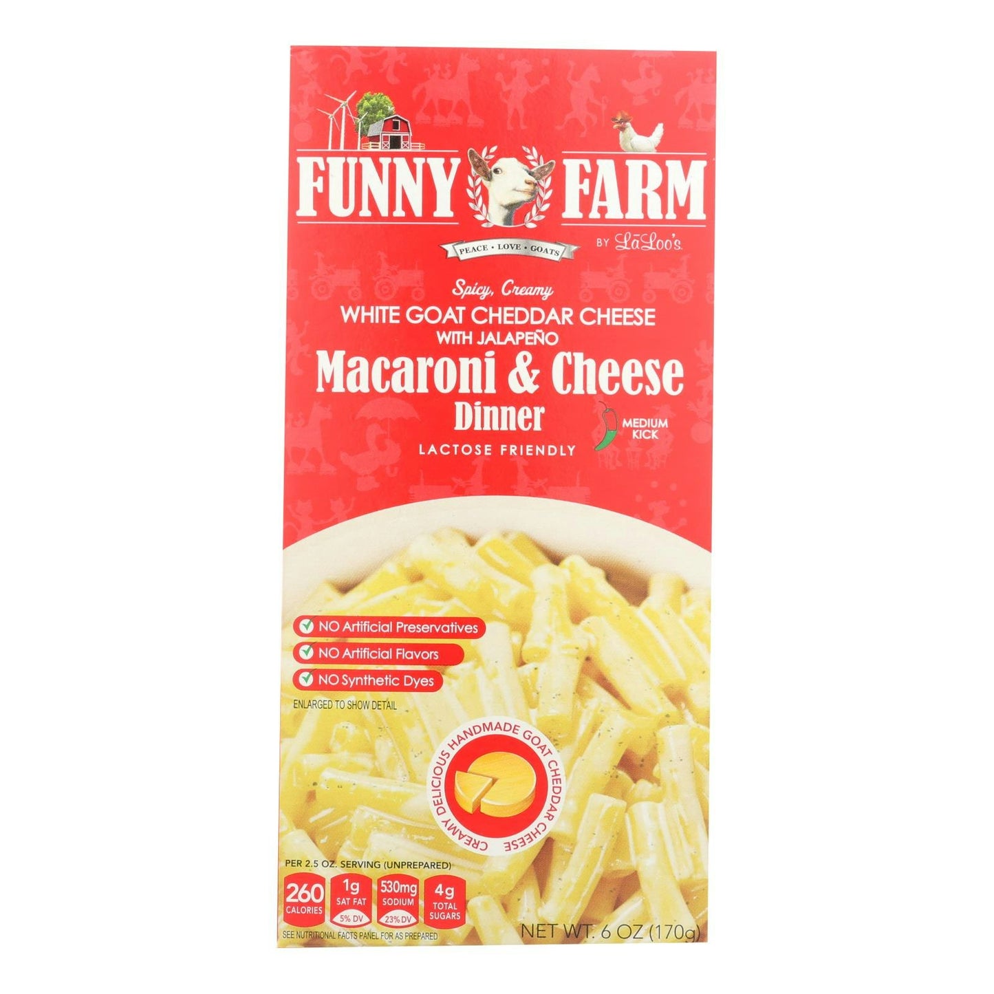 Funny Farm Laloo's White Goat Cheddar Cheese With Jalapeno Macaroni & Cheese 6 oz (Pack of 8)