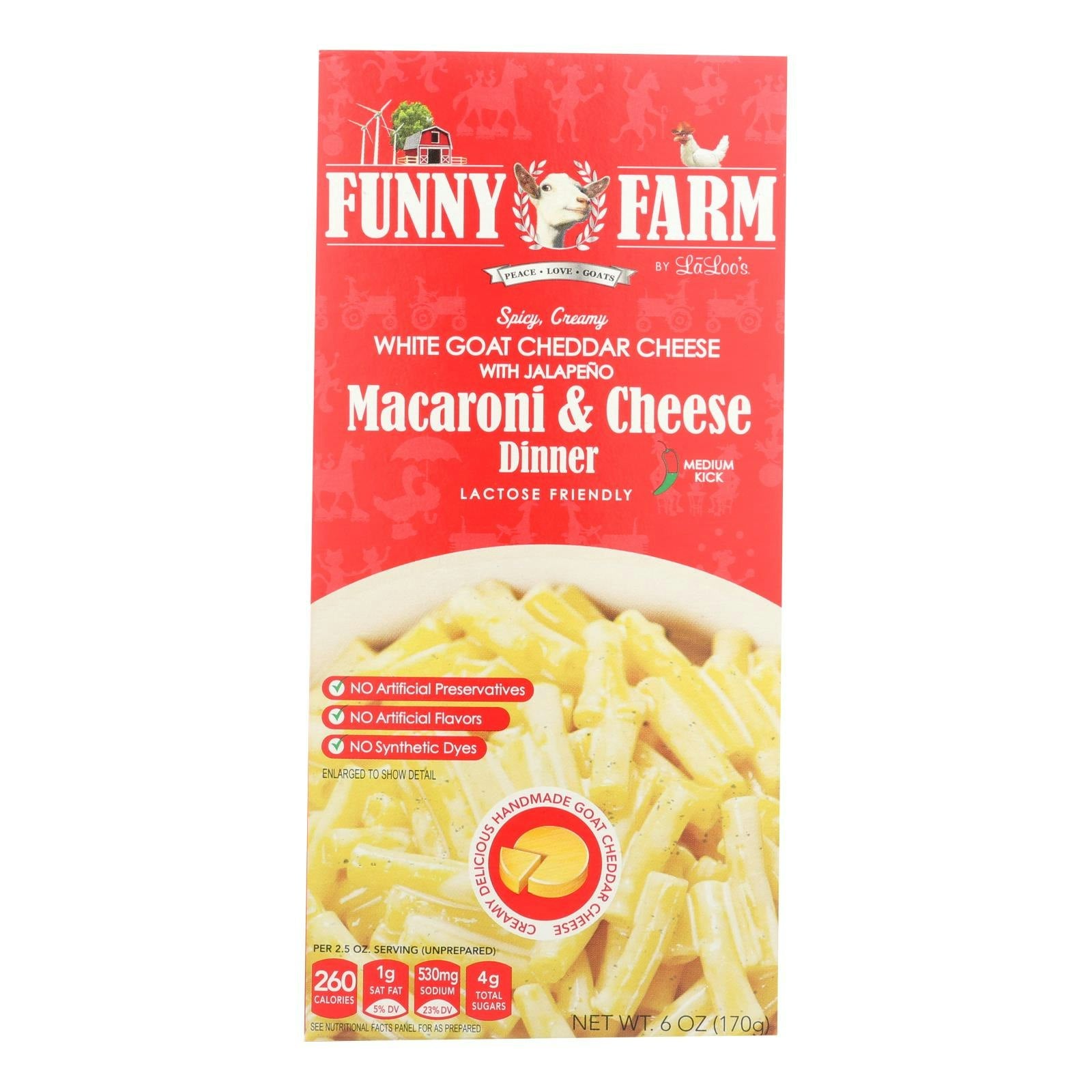 Funny Farm Laloo's White Goat Cheddar Cheese With Jalapeno Macaroni & Cheese 6 oz (Pack of 8)
