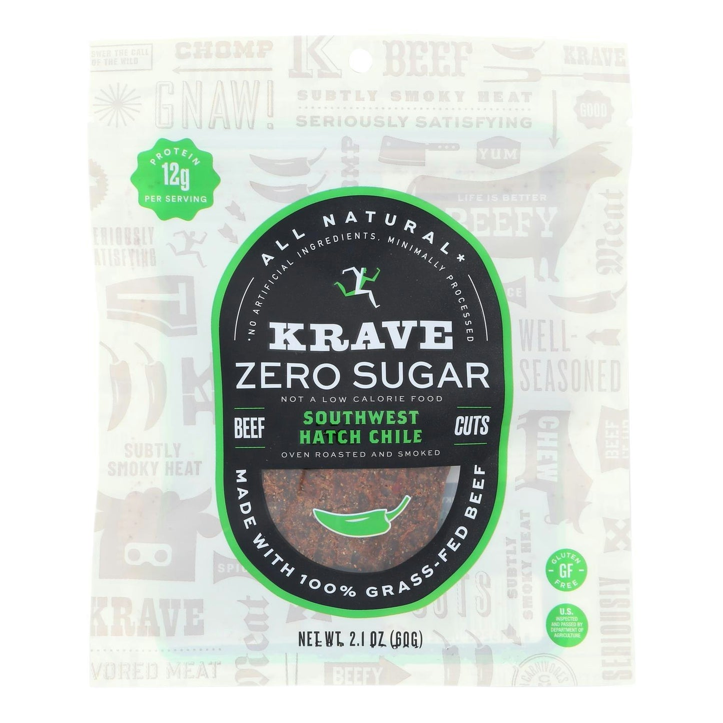 Krave - Beef Jerky Sugar Free Swest Hatch 2.1 oz (Pack of 8)