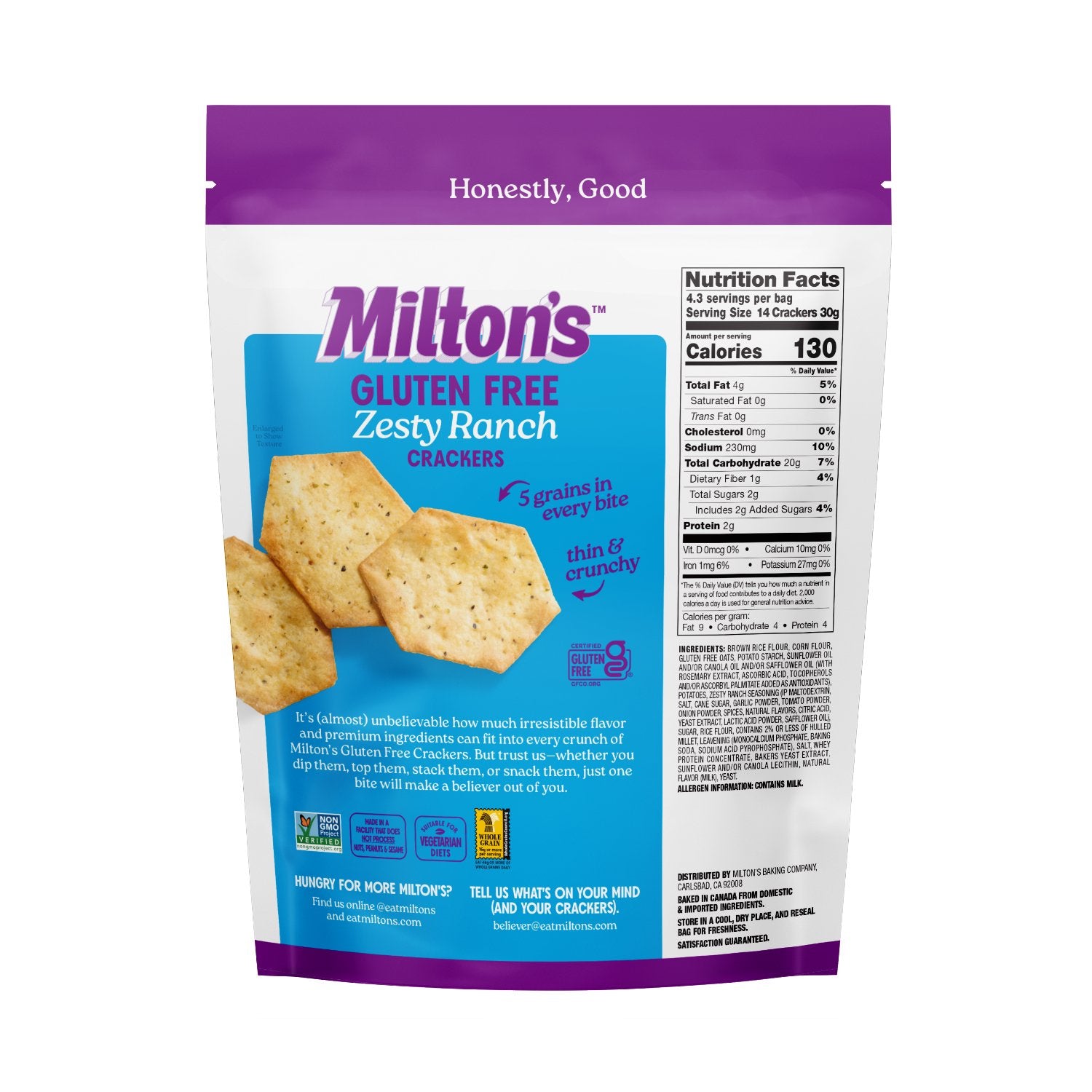 MILTONS (Pack Of 12) Milton's Gluten Free Zesty Ranch Crackers 4.5 Oz