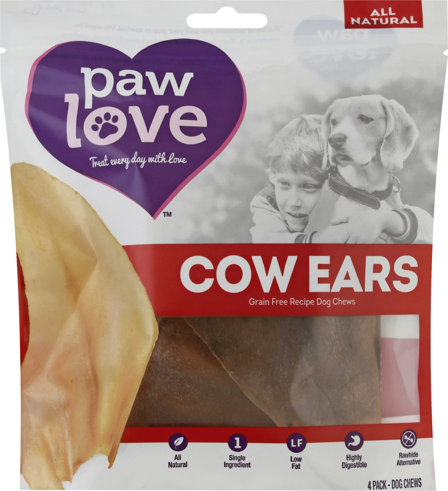 Paw Love Ear Cow Natural 4 Pc Pack of 6