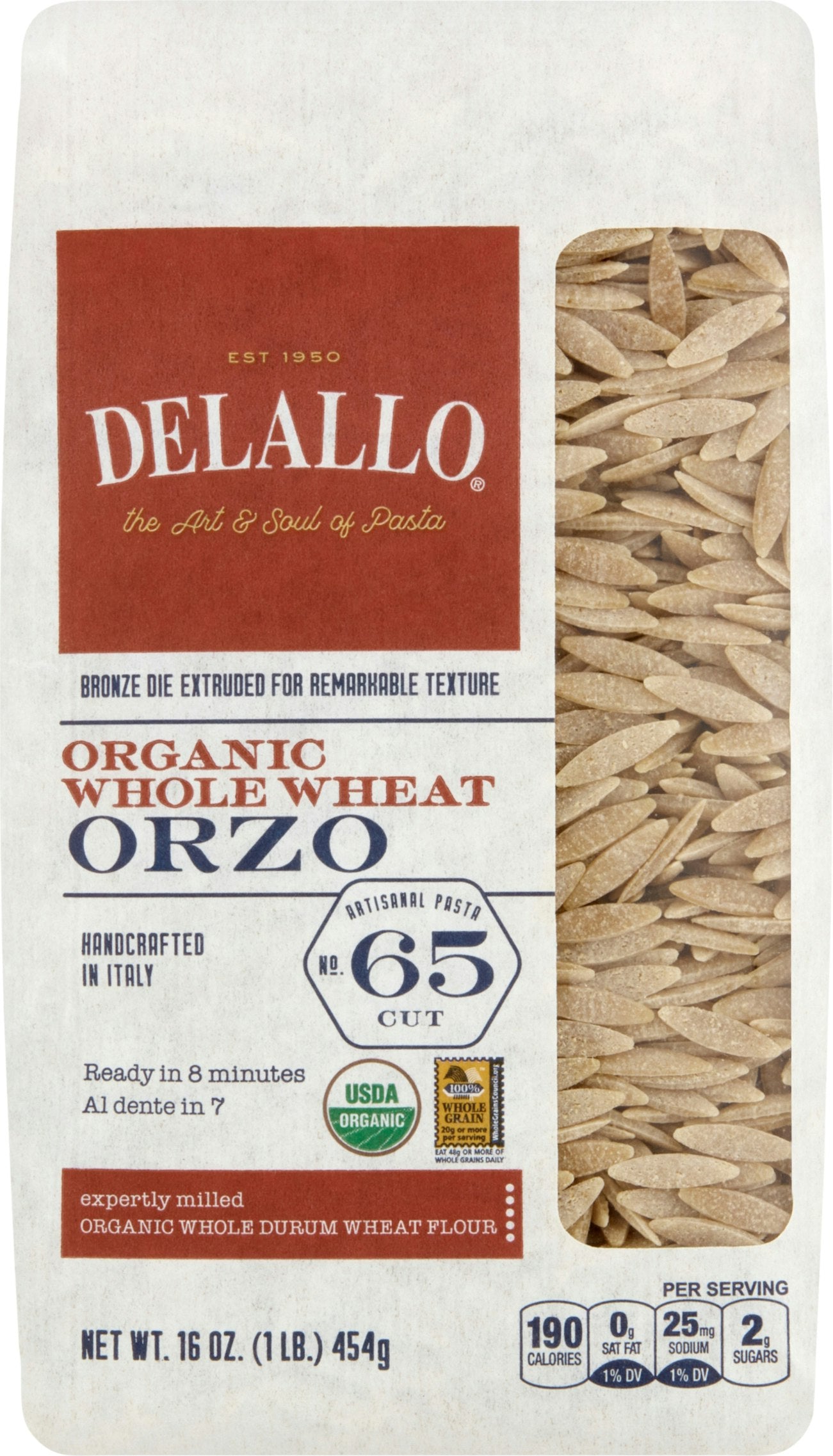 Delallo Pasta Whole Wheat Orzo Organic 16 Oz Pack of 12